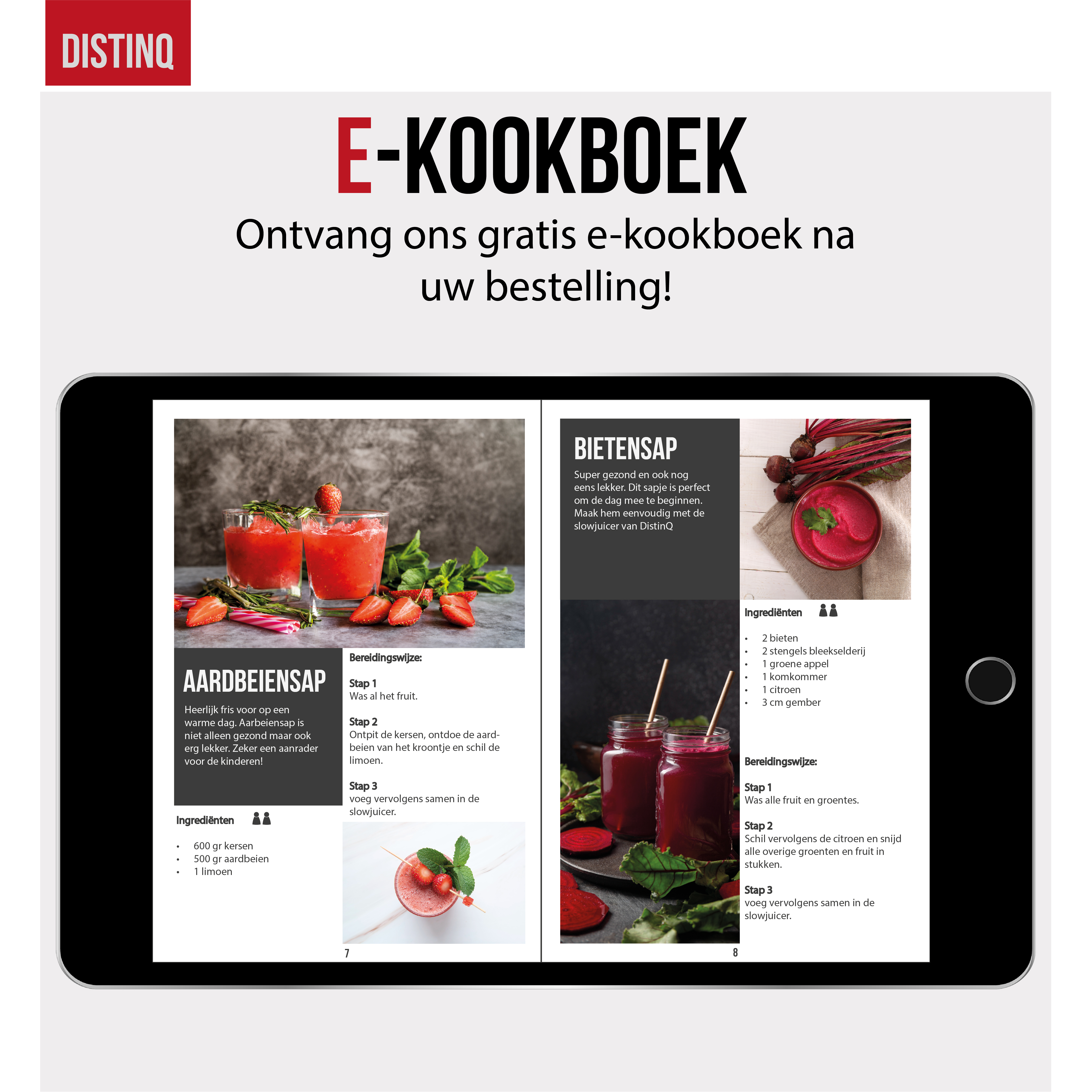 A tablet displaying a cookbook with recipes for strawberry juice and beet juice.