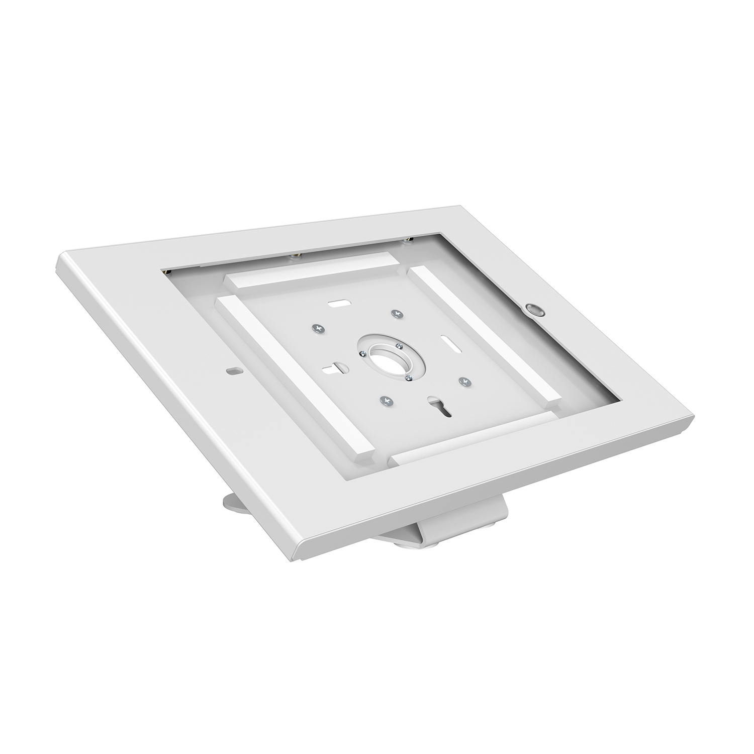 Soporte blanco para tableta con tornillos. Vista en ángulo, aislado sobre fondo blanco.