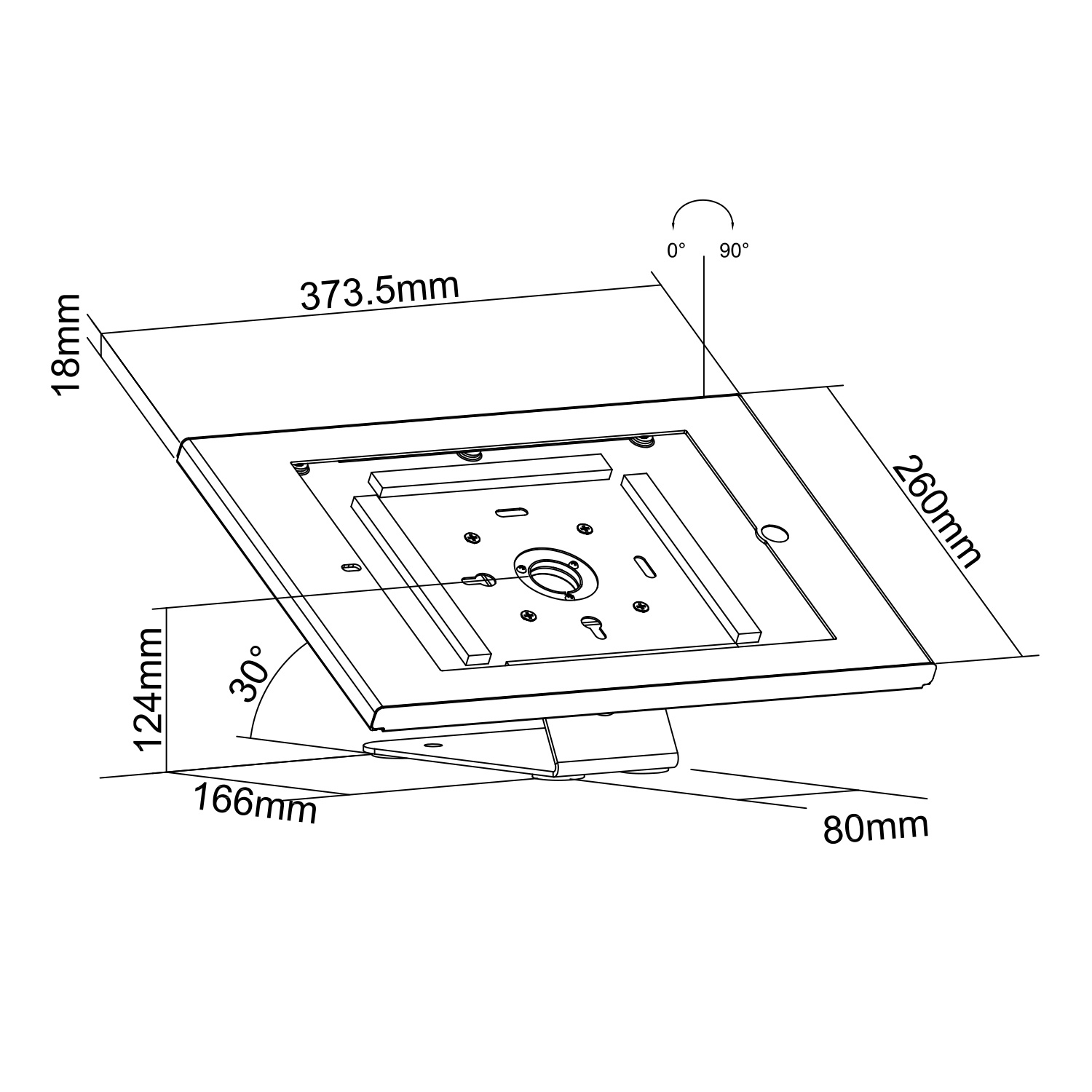 Diagrama de una base de soporte para tableta con dimensiones y ángulos.