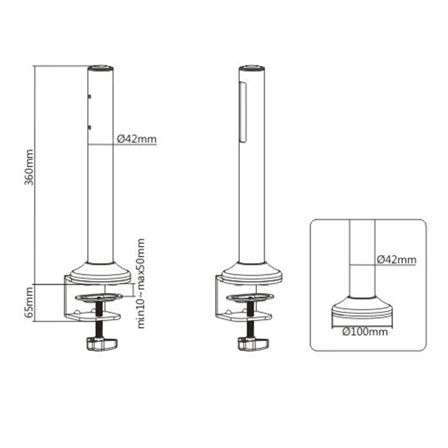 Dibujo técnico de un brazo de monitor con dimensiones en mm, blanco y negro.