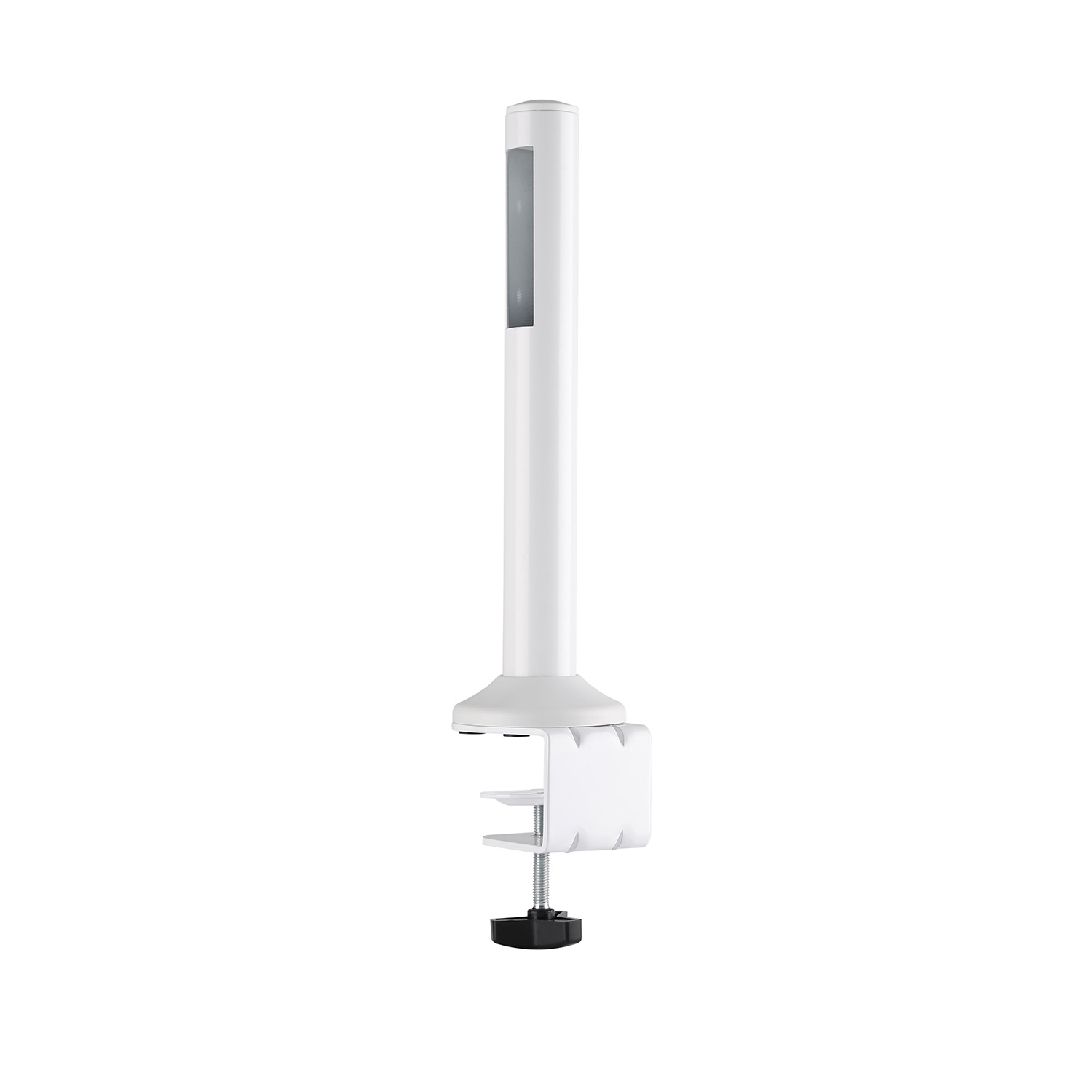 Soporte de monitor blanco con abrazadera. El soporte es vertical y tiene una barra de luz y un tornillo.