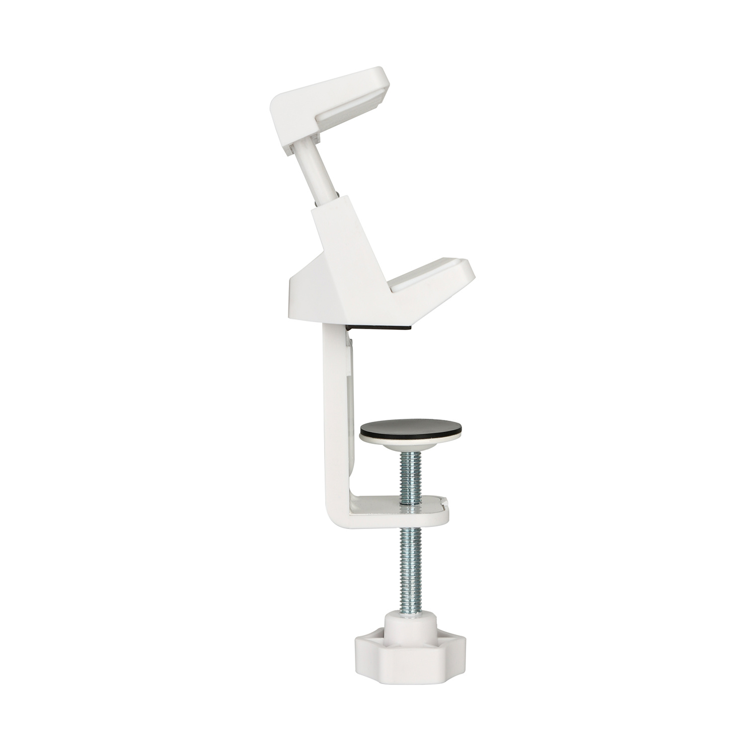 Soporte de escritorio blanco para auriculares. Brazo ajustable y abrazadera para montaje en escritorio. Aislado en blanco.