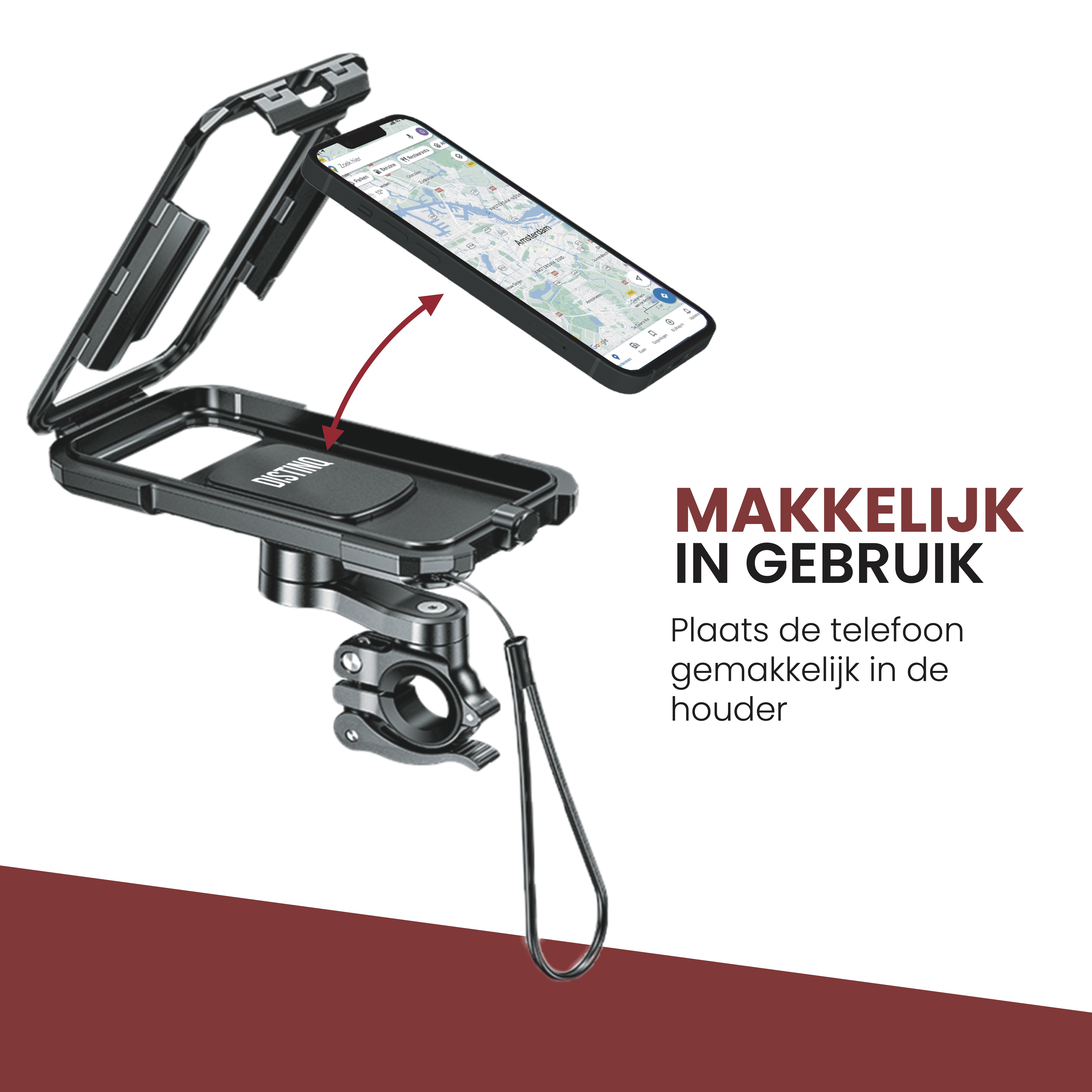Un téléphone est monté sur un guidon de vélo. Le téléphone affiche une carte. Le texte dit 'Facile à utiliser'.