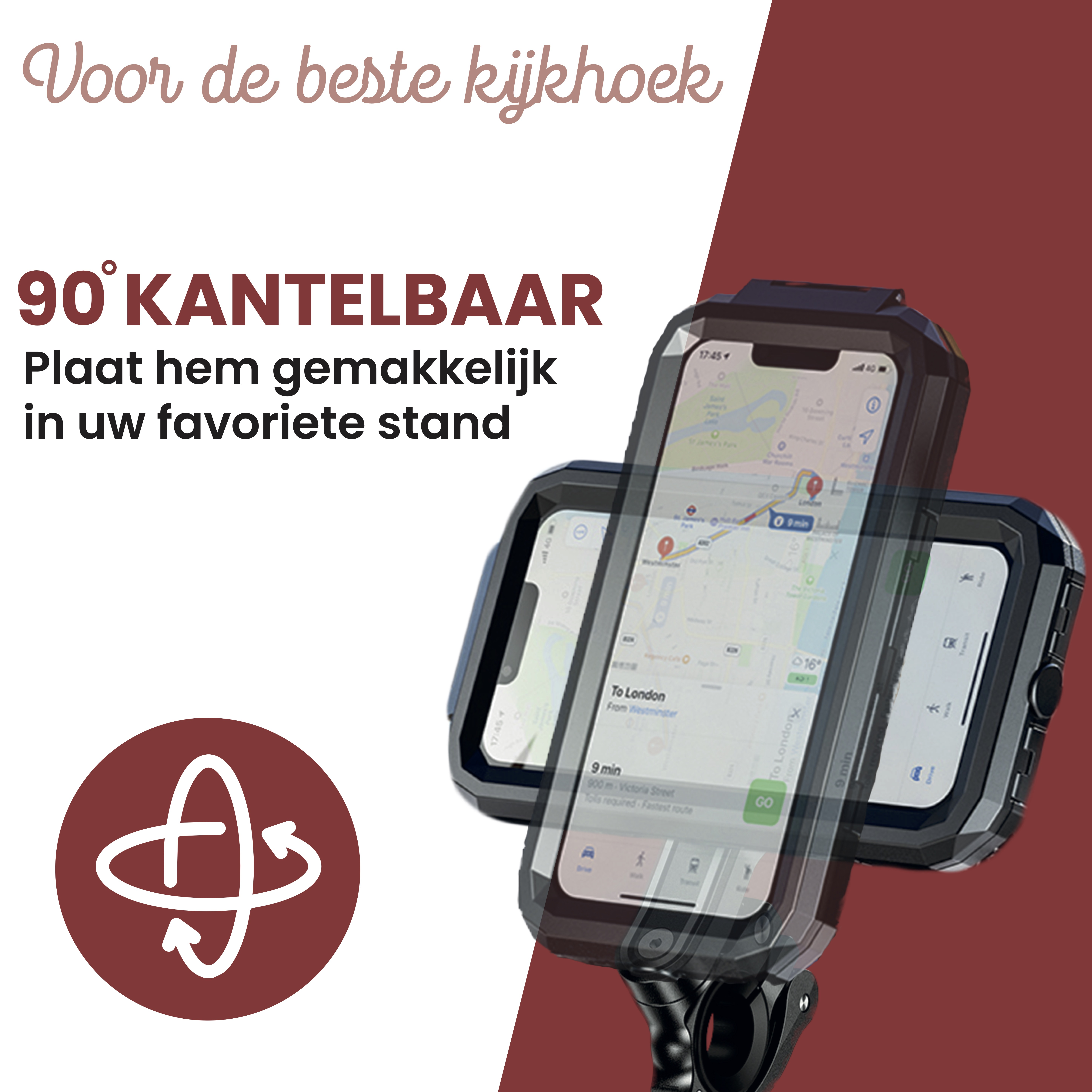 A phone is mounted on a bicycle, showing a navigation app. The phone can be tilted 90 degrees.