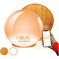 DistinQ Wake-Up Light ? Wifi Smart ? Wekkerradio met dubbele wektijd ? Slaaphulp met USB aansluiting - Houtkleurig
