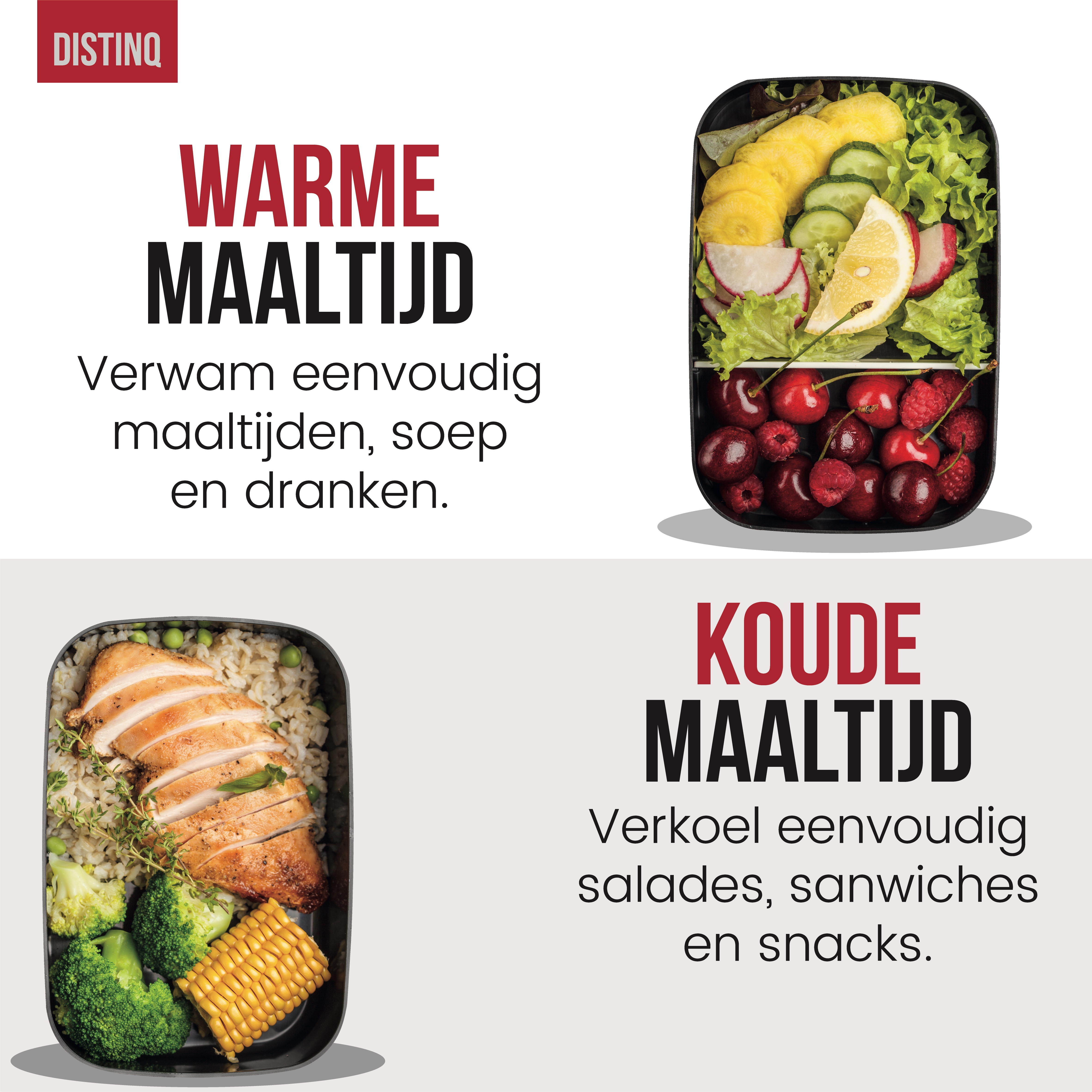 Image shows two lunch boxes, one with fruits and another with chicken and vegetables.