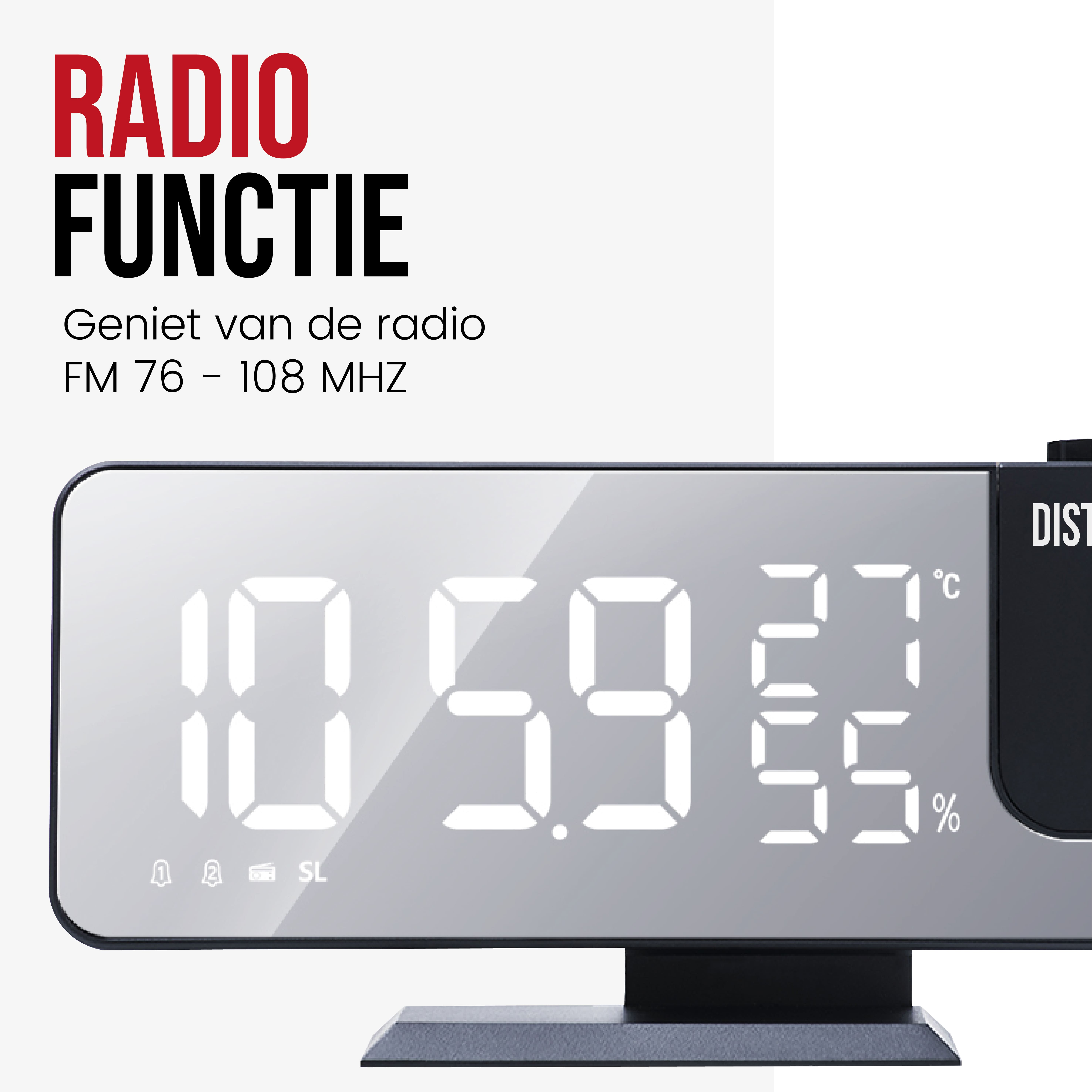 Digital alarm clock displaying time and temperature. Has a black base and white digits.