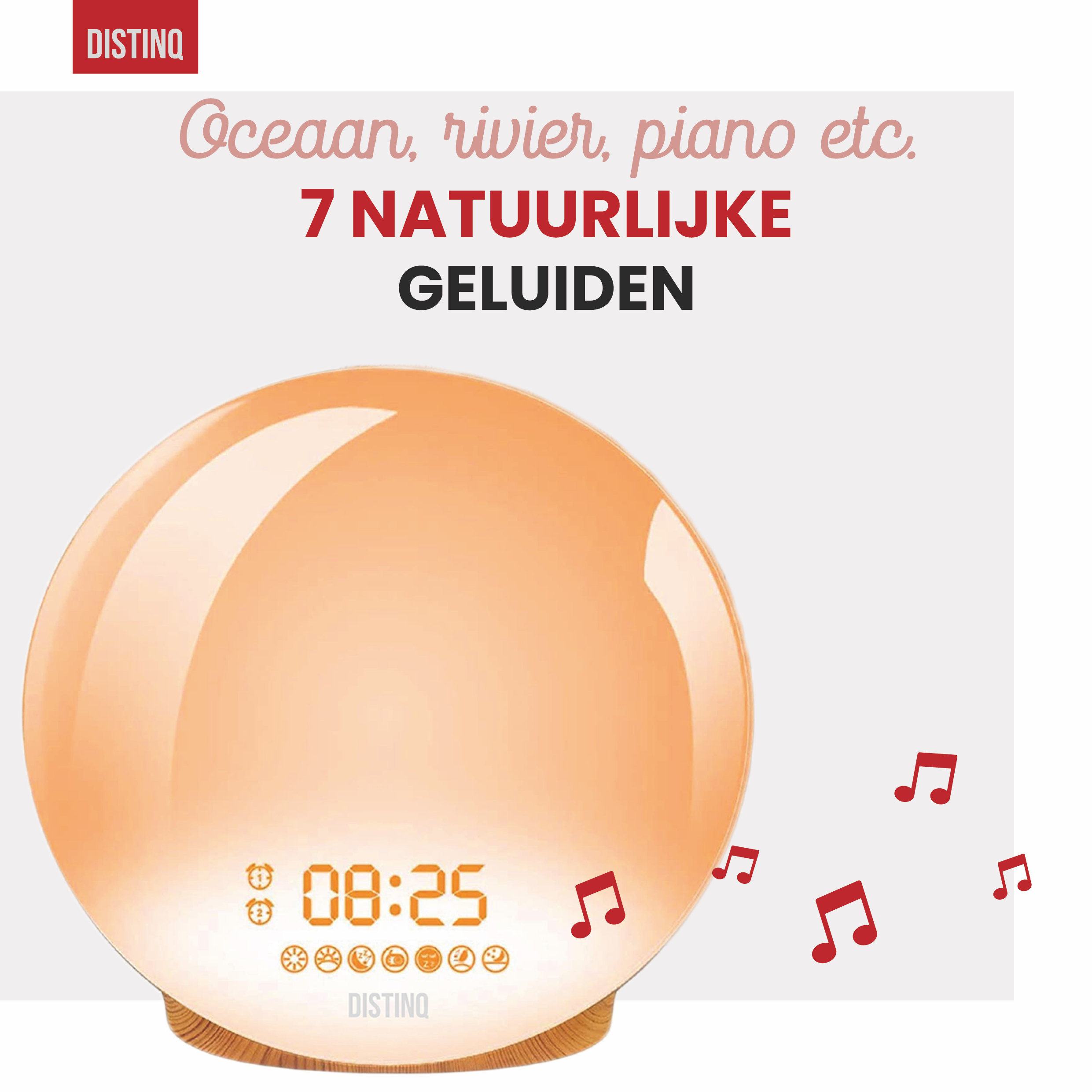 Orange light alarm clock. Text: 7 natural sounds. Musical notes. The clock shows 08:25. Brand: DistinQ.