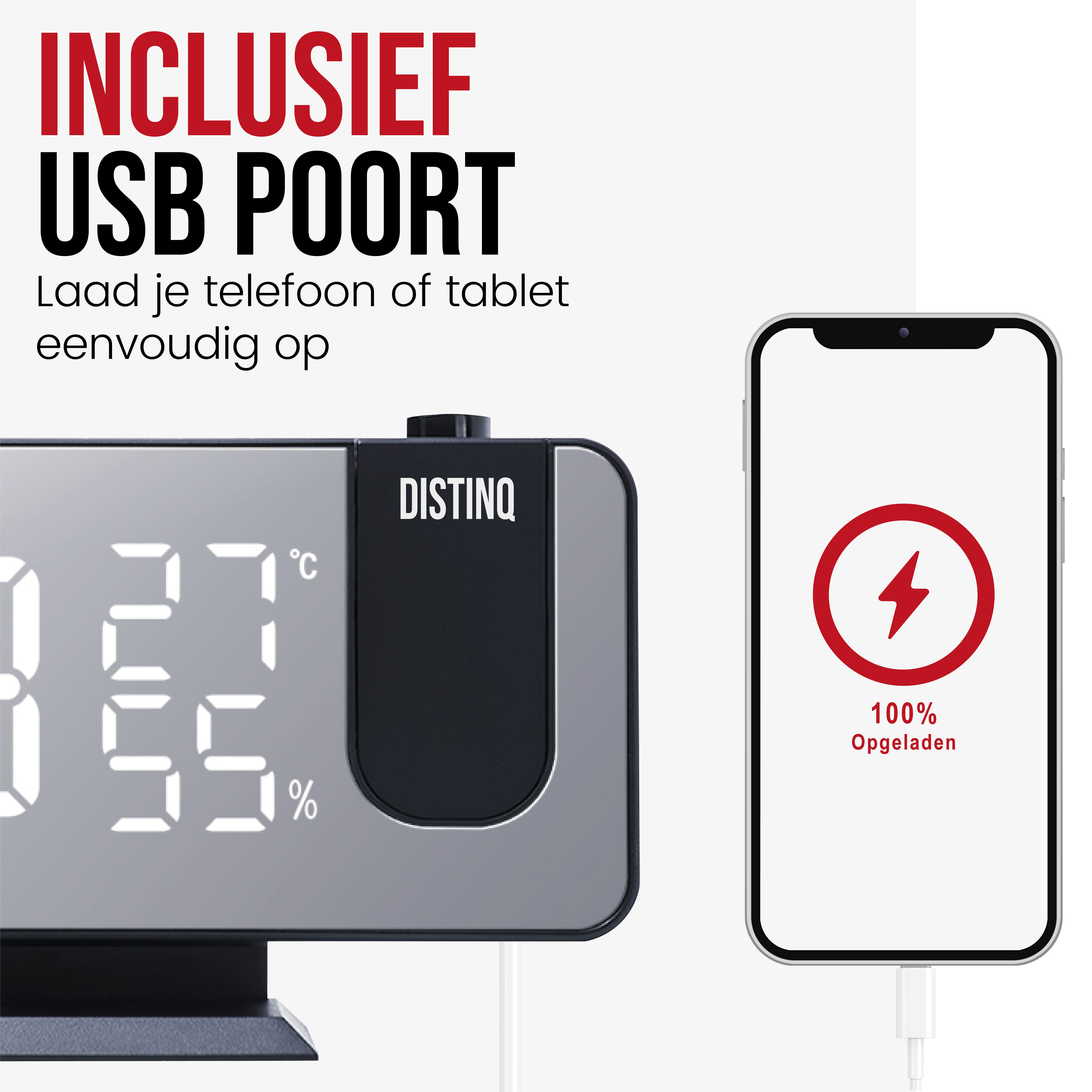 Digital clock with phone charging. Text: Includes USB port.