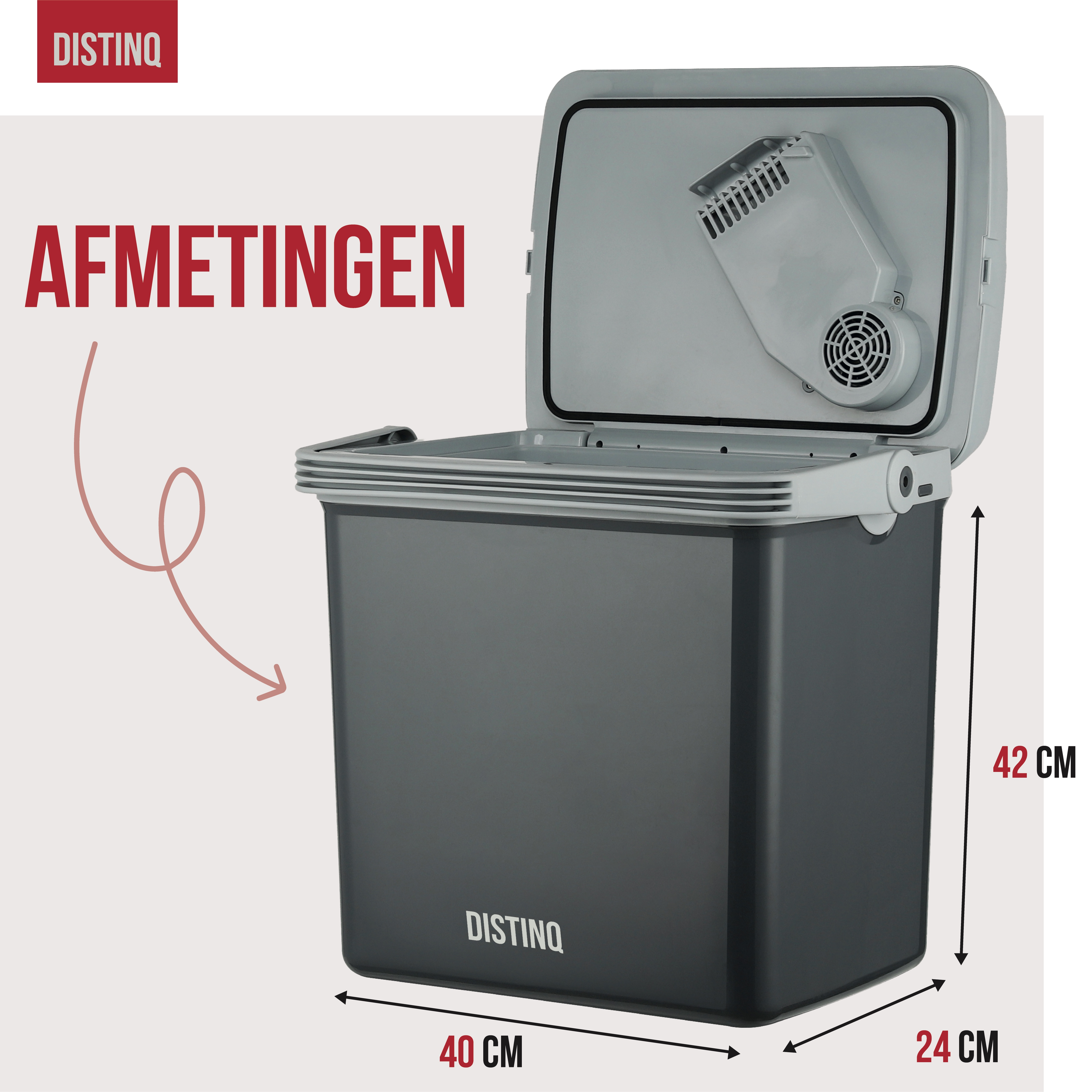 Grey cooler, labeled with dimensions: 40cm, 24cm, and 42cm.