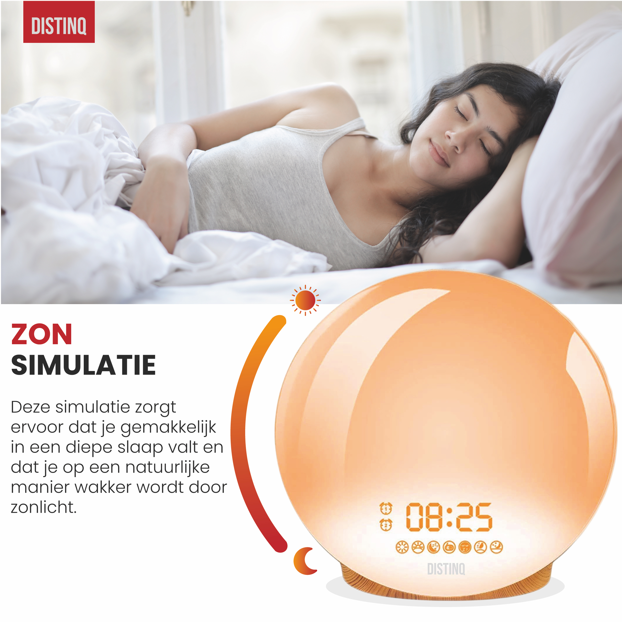 A woman lies in bed near a sunrise simulation lamp. The lamp displays time: 08:25.