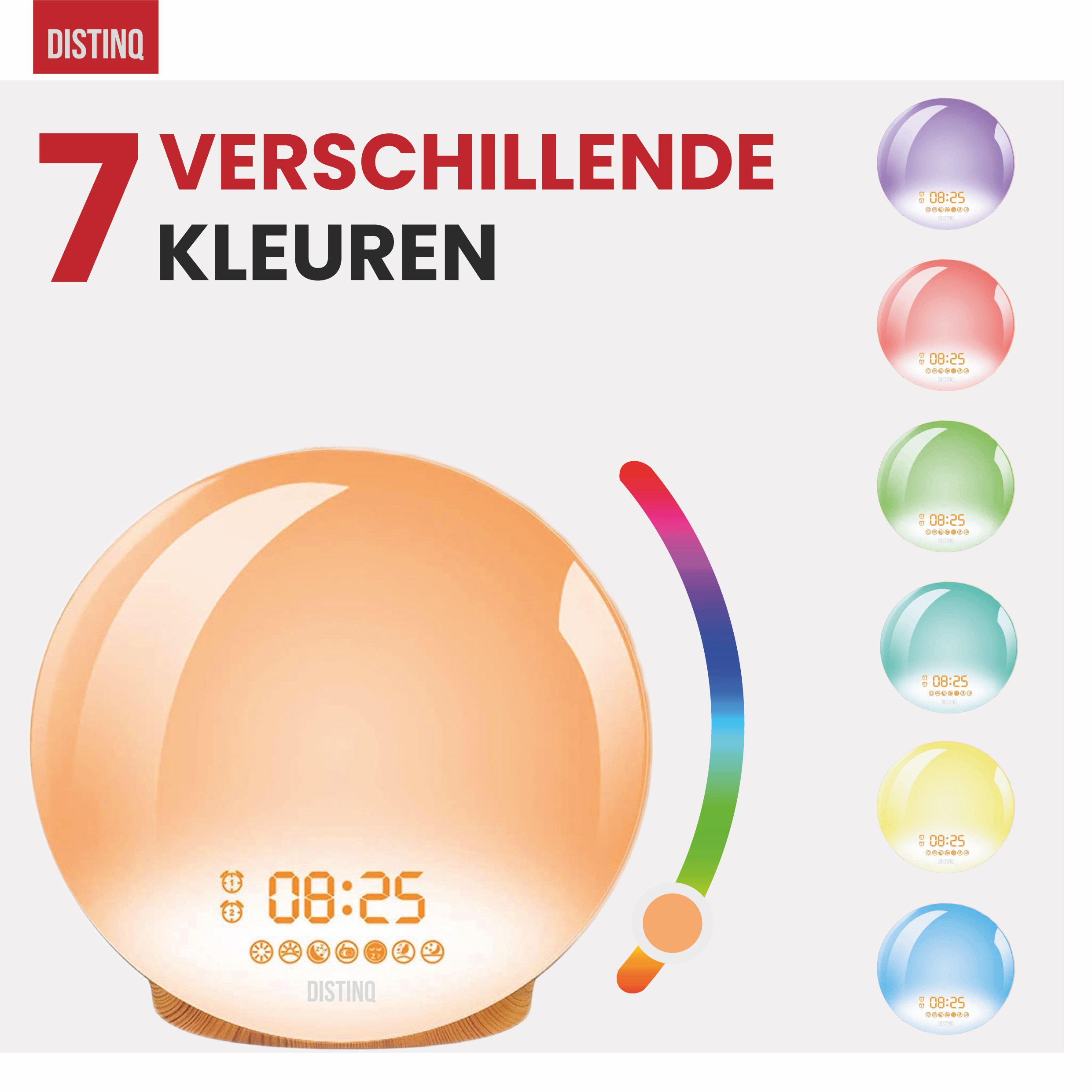Alarm clock with 7 colored lights, showing time 08:25.