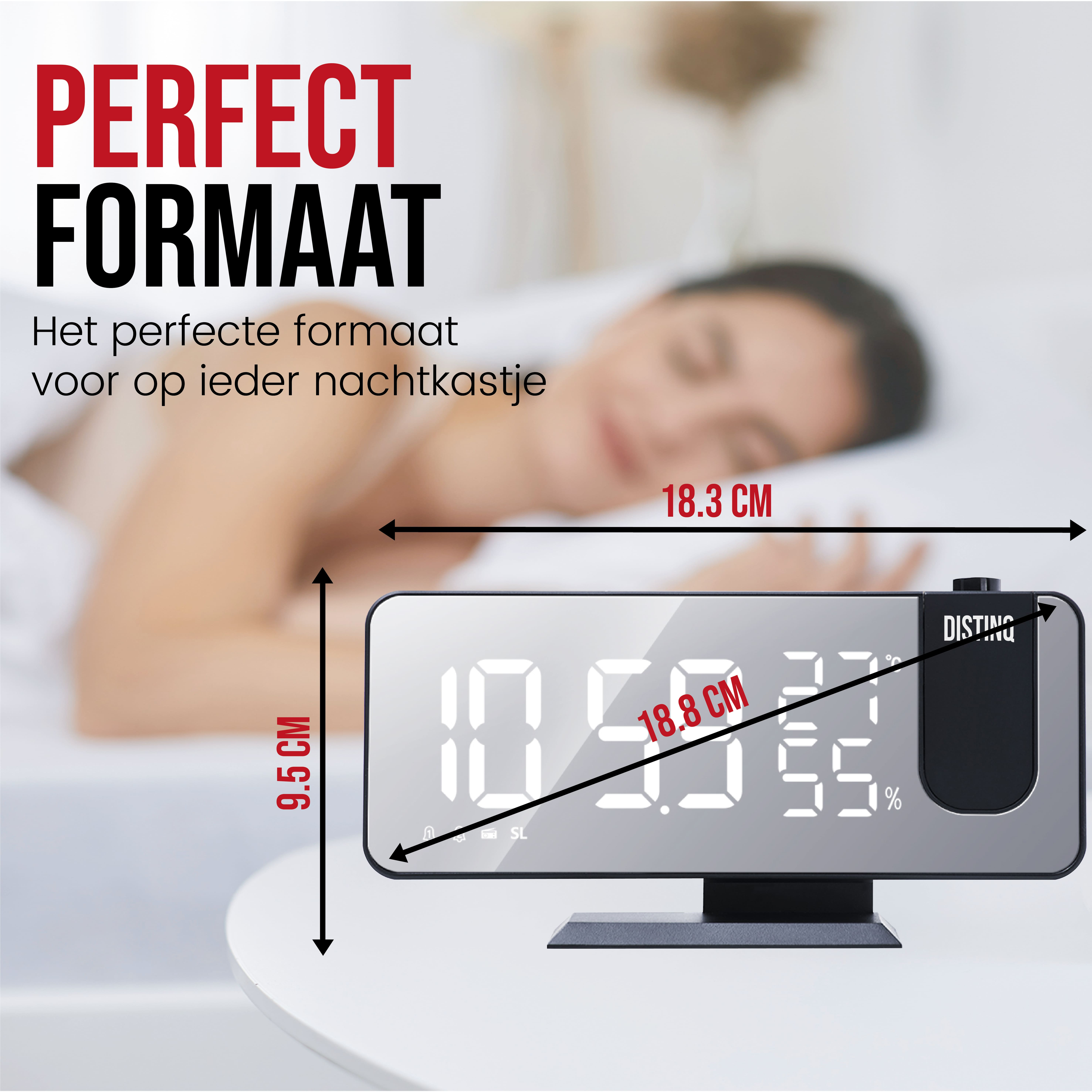 A digital alarm clock on a table. It is displaying the time 10:59:55.