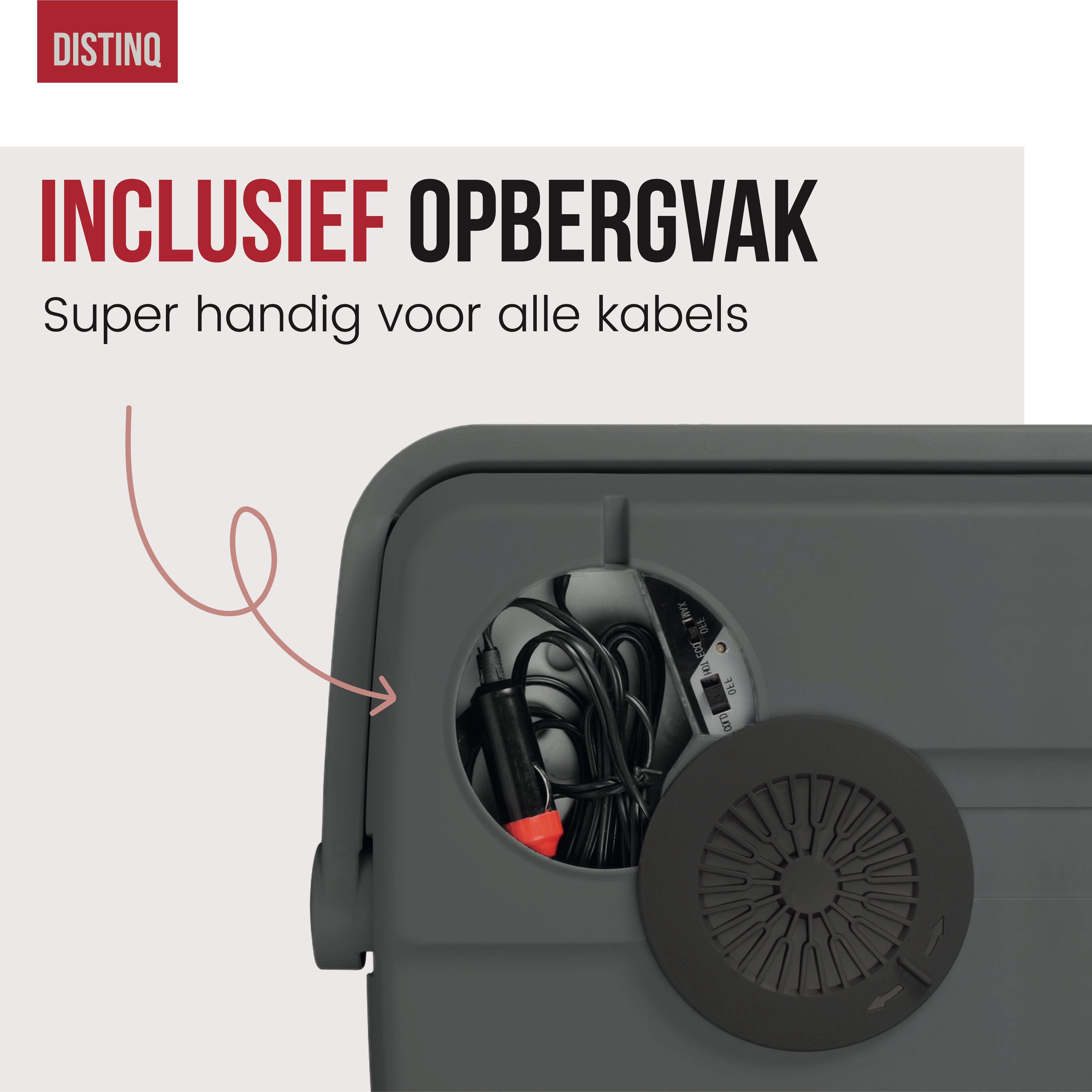 Close-up of gray cooler.  Inside, cables are visible.  Text: Incl. storage compartment.