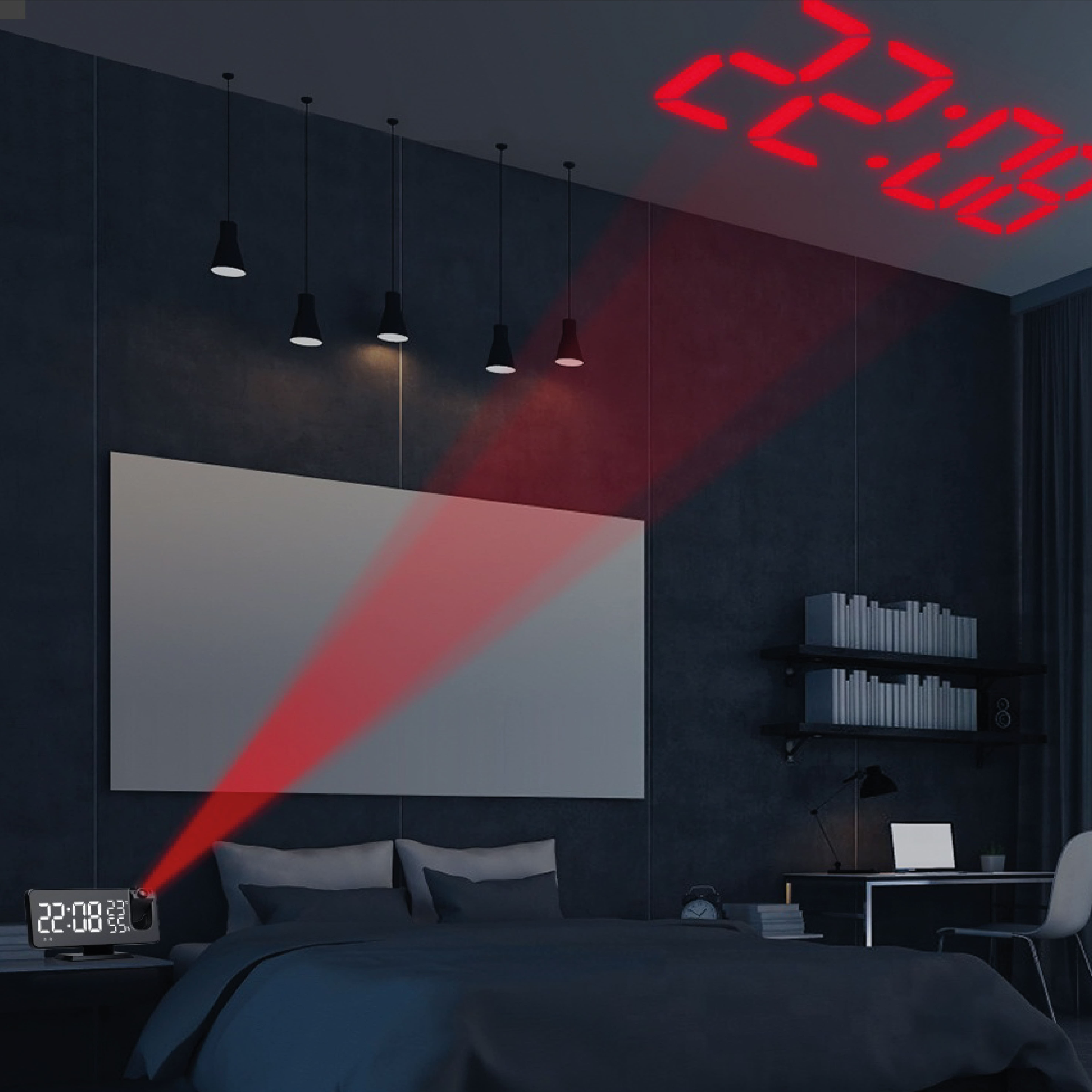 A bedroom at night, a digital clock projects the time on the ceiling.