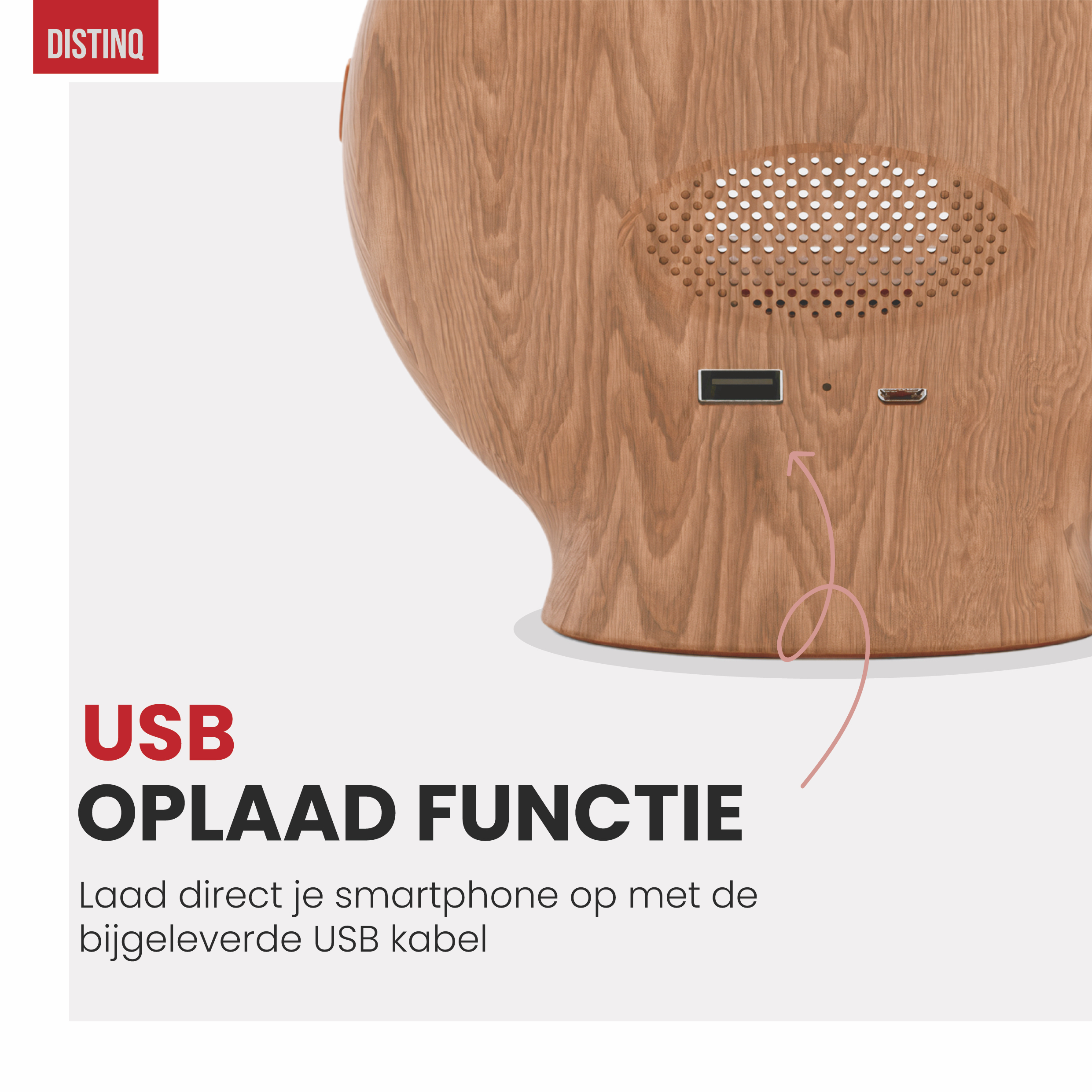 Wooden speaker with USB charging port and a pink line pointing to the port.