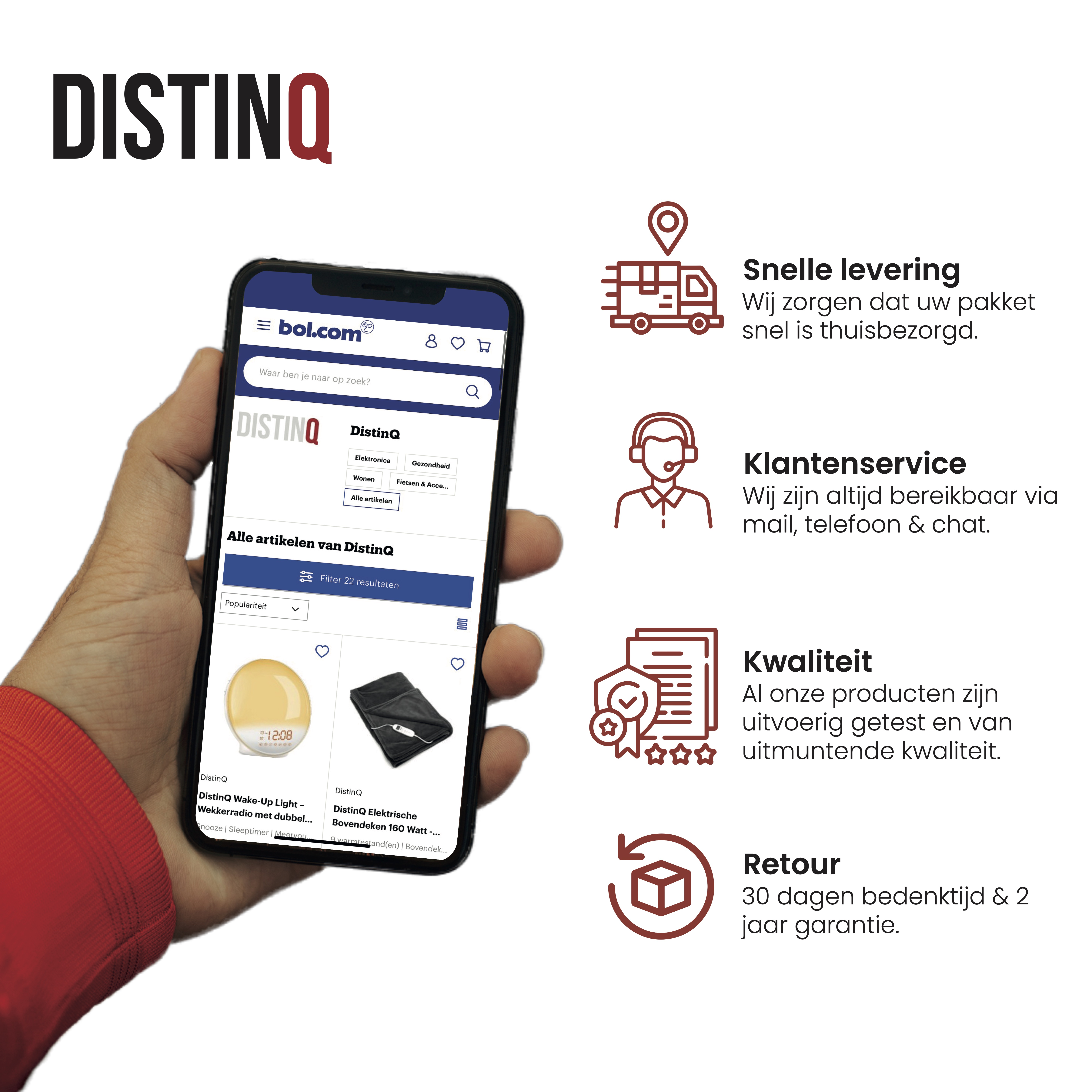 A person holding a phone displaying a website. Icons and text are displayed. Symbols of delivery, service, and return are visible.