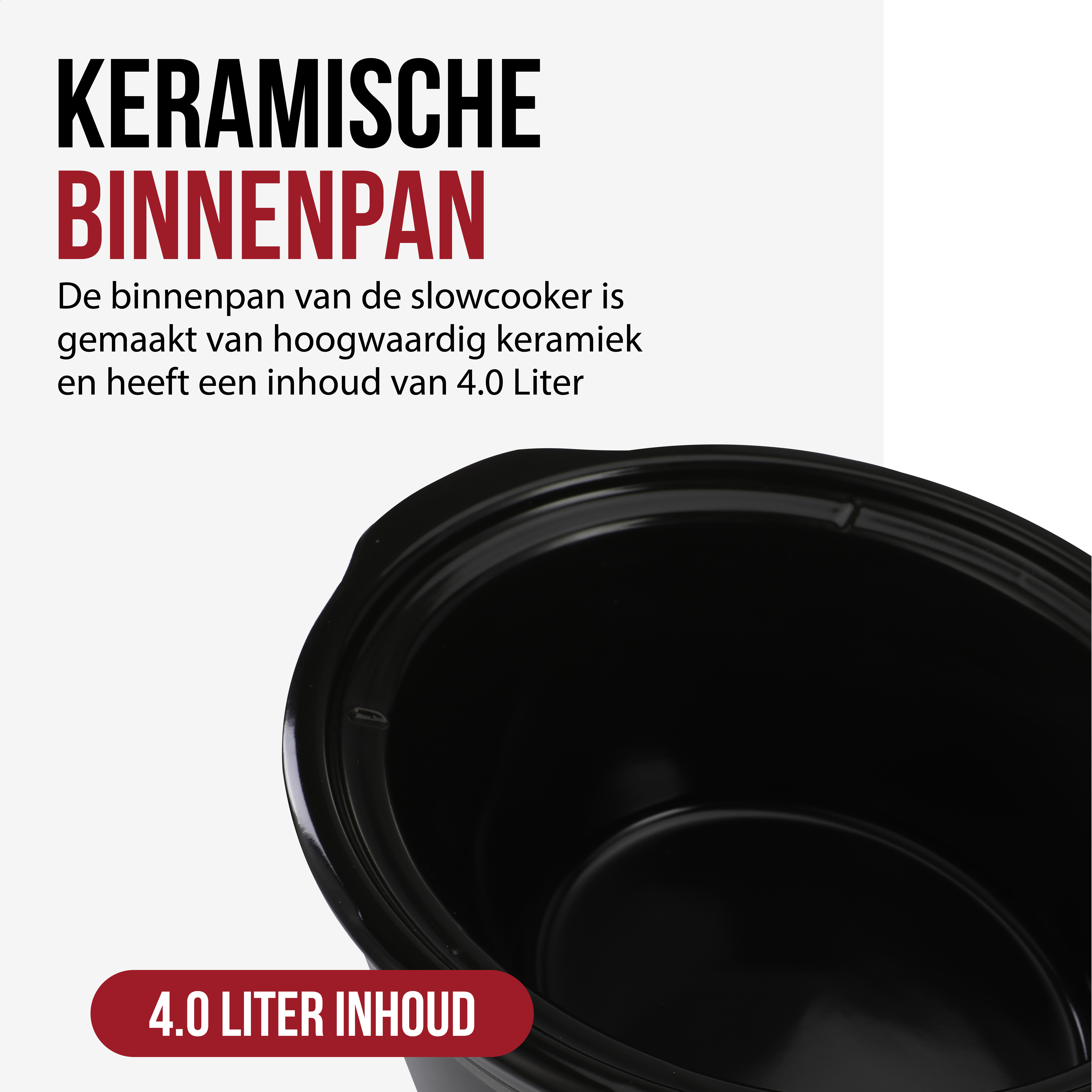 Close-up of a black ceramic slow cooker interior. It has a 4.0 liter capacity.