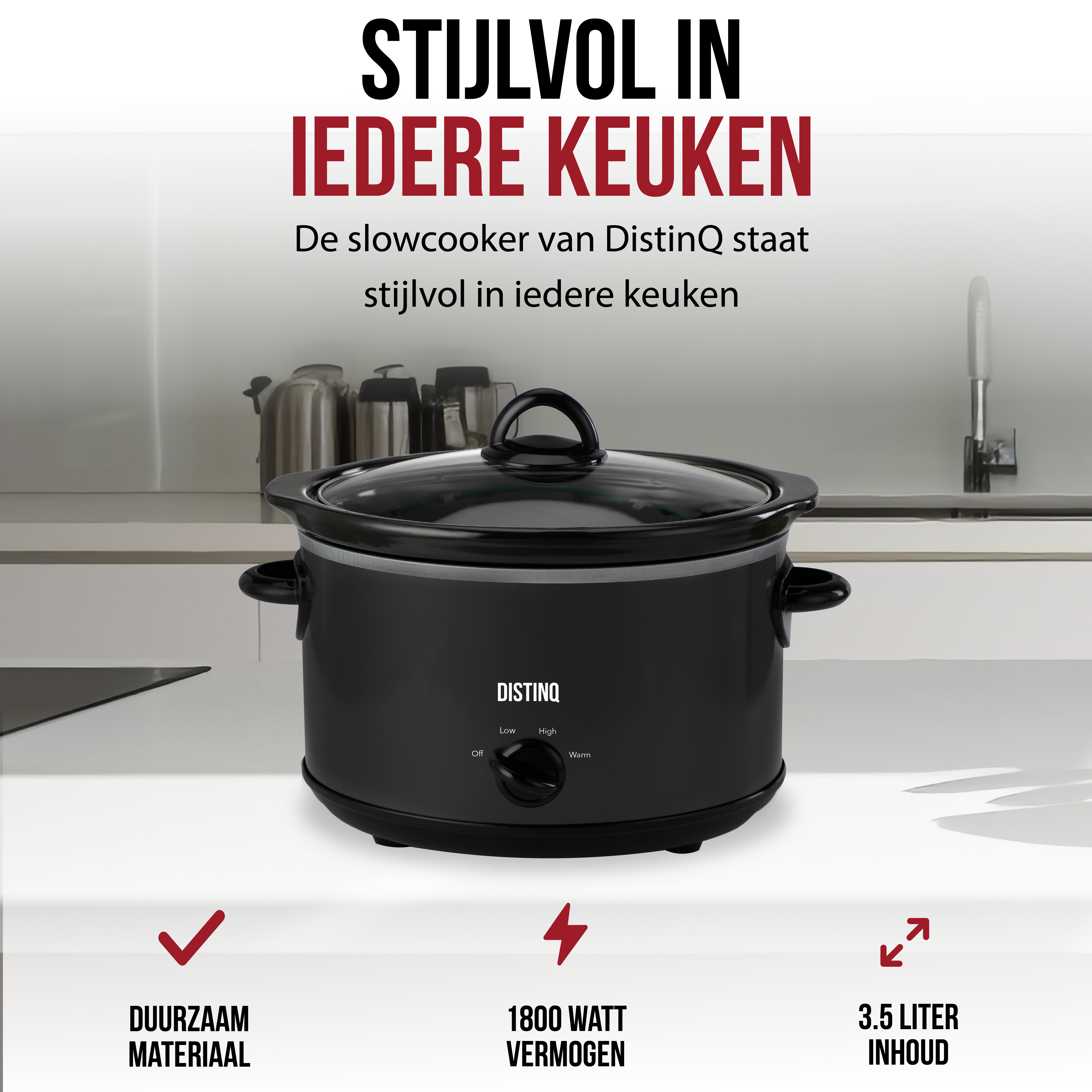 Black slow cooker on a kitchen counter. Text says 'STIJLVOL IN IEDERE KEUKEN' (stylish in every kitchen).