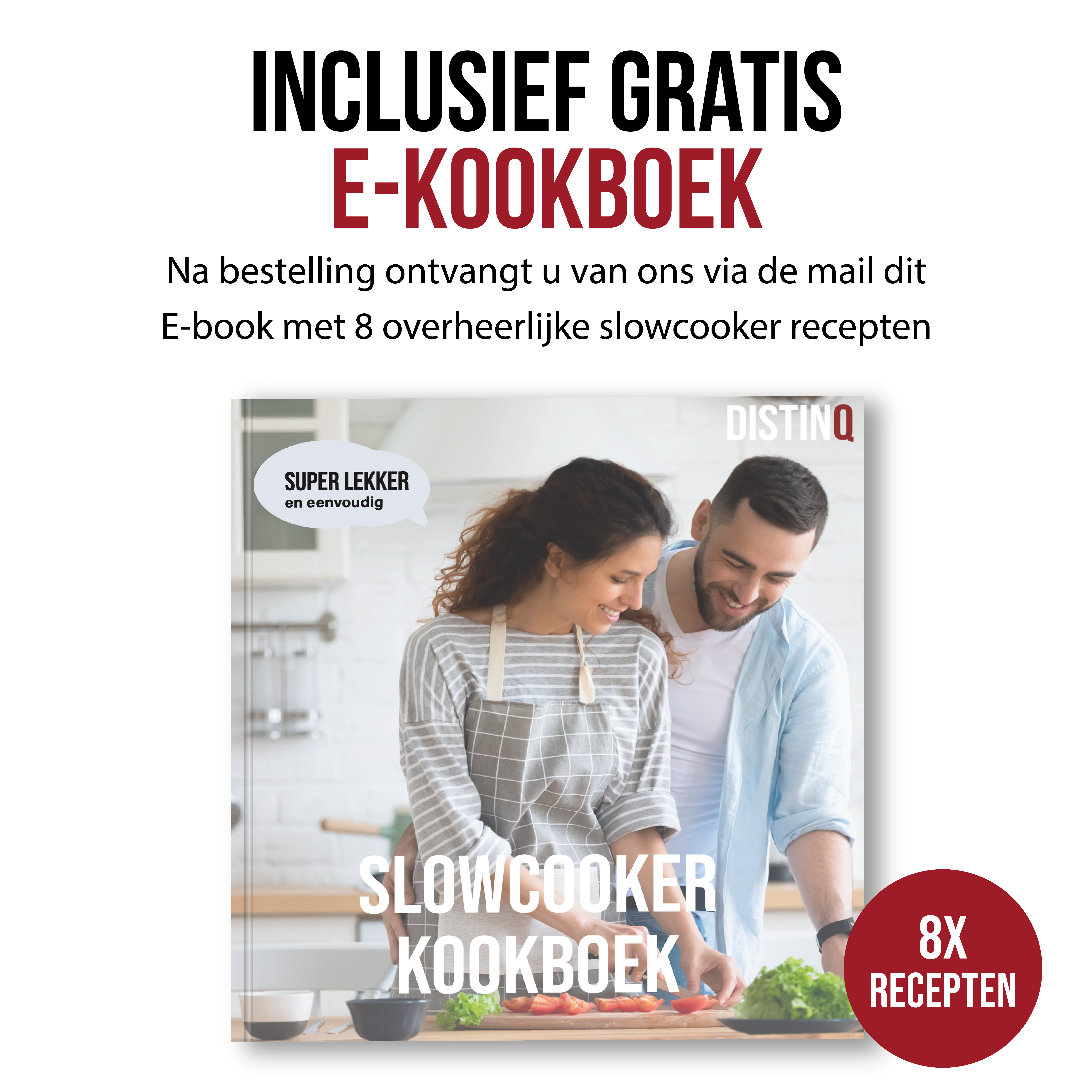 Couple looking at a cookbook, with a cover that has "Slowcooker Cookbook" written.