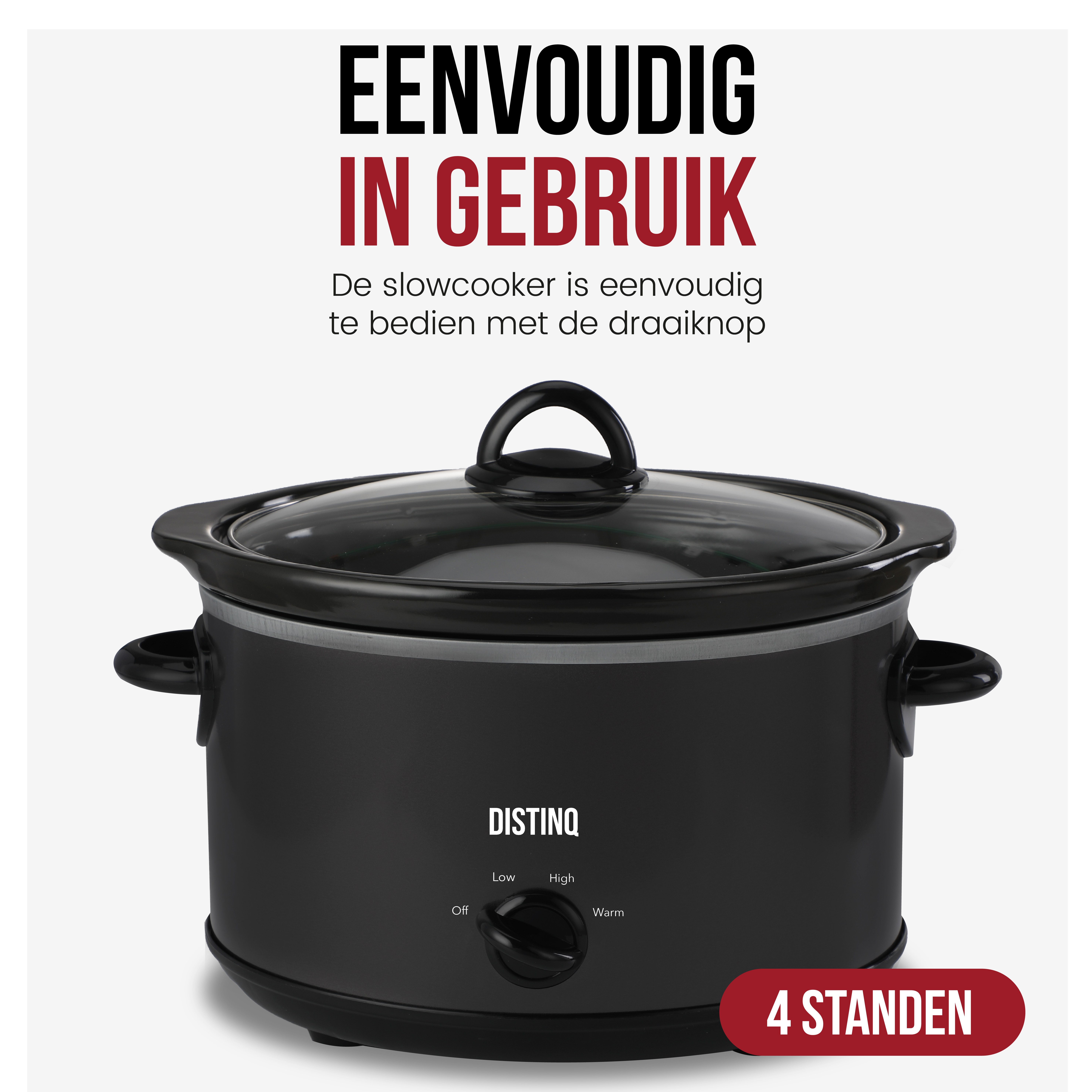 Black slow cooker with a glass lid. Text: Easy to use. 4 settings. Knob to control.