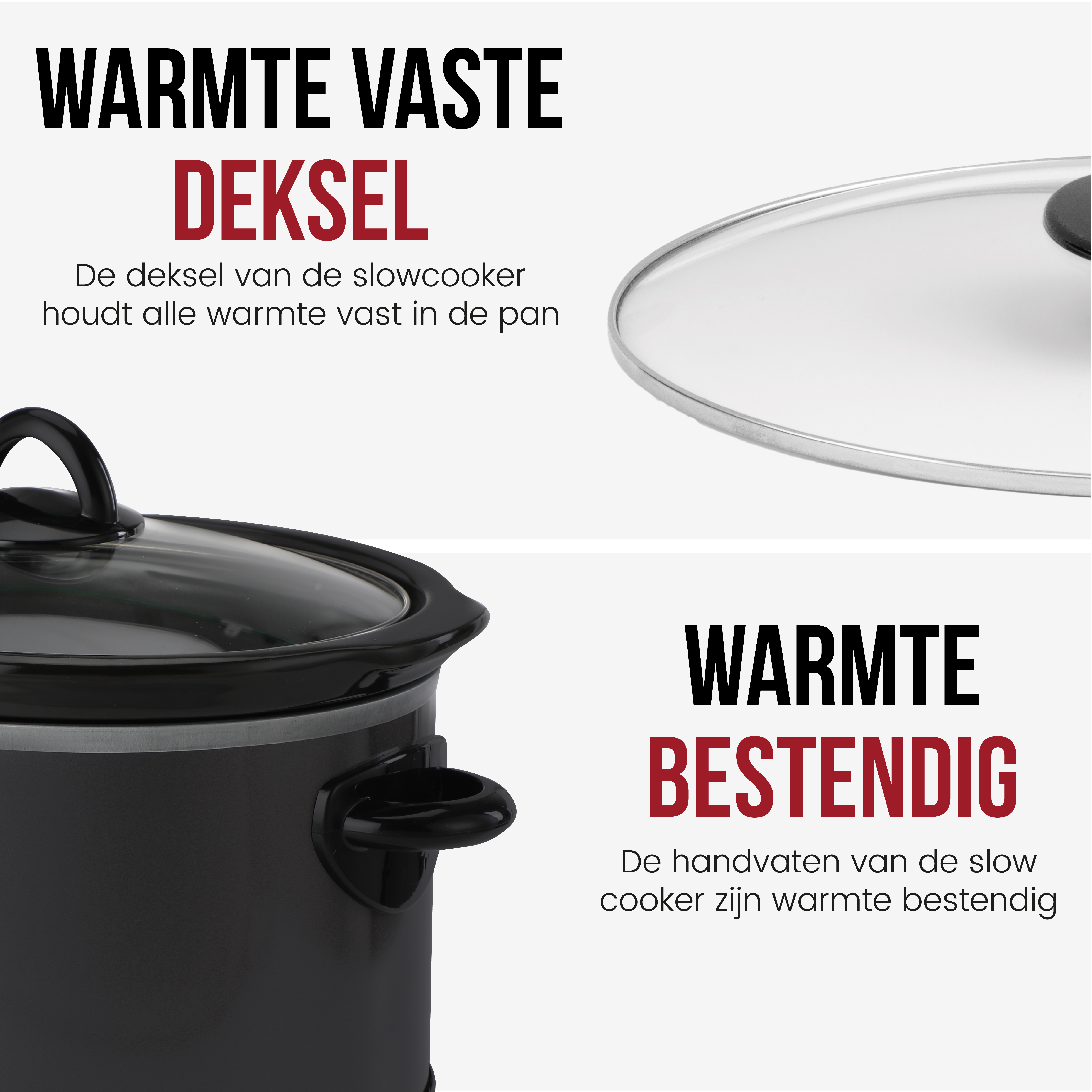 Black slow cooker with lid, handles, and text about heat resistance.