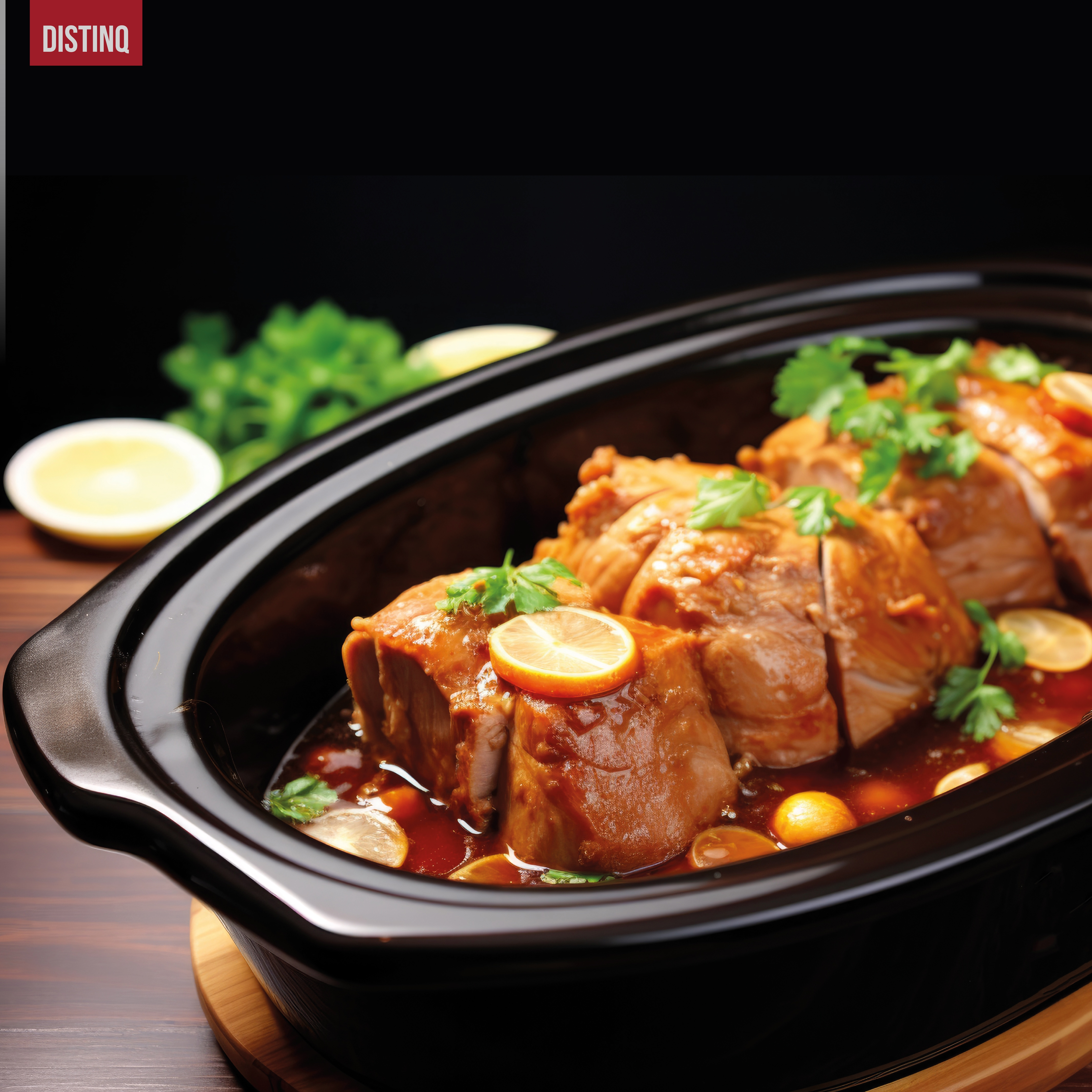 Cooked meat with a lemon slice and herbs in a black pot. Background is dark wood.
