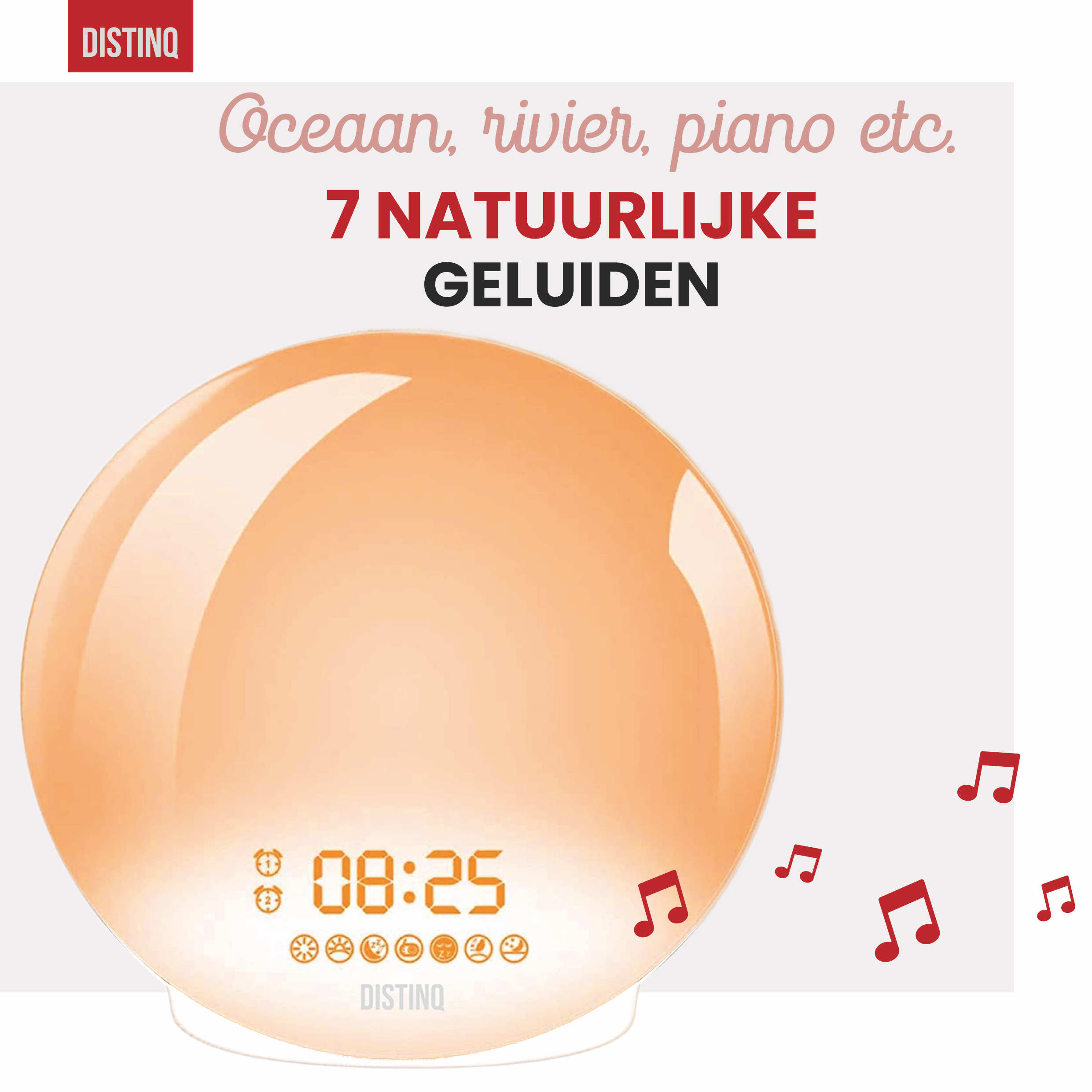 Oranje wekker met muzieknoten eromheen. Het licht is oranje. De achtergrond is wit.