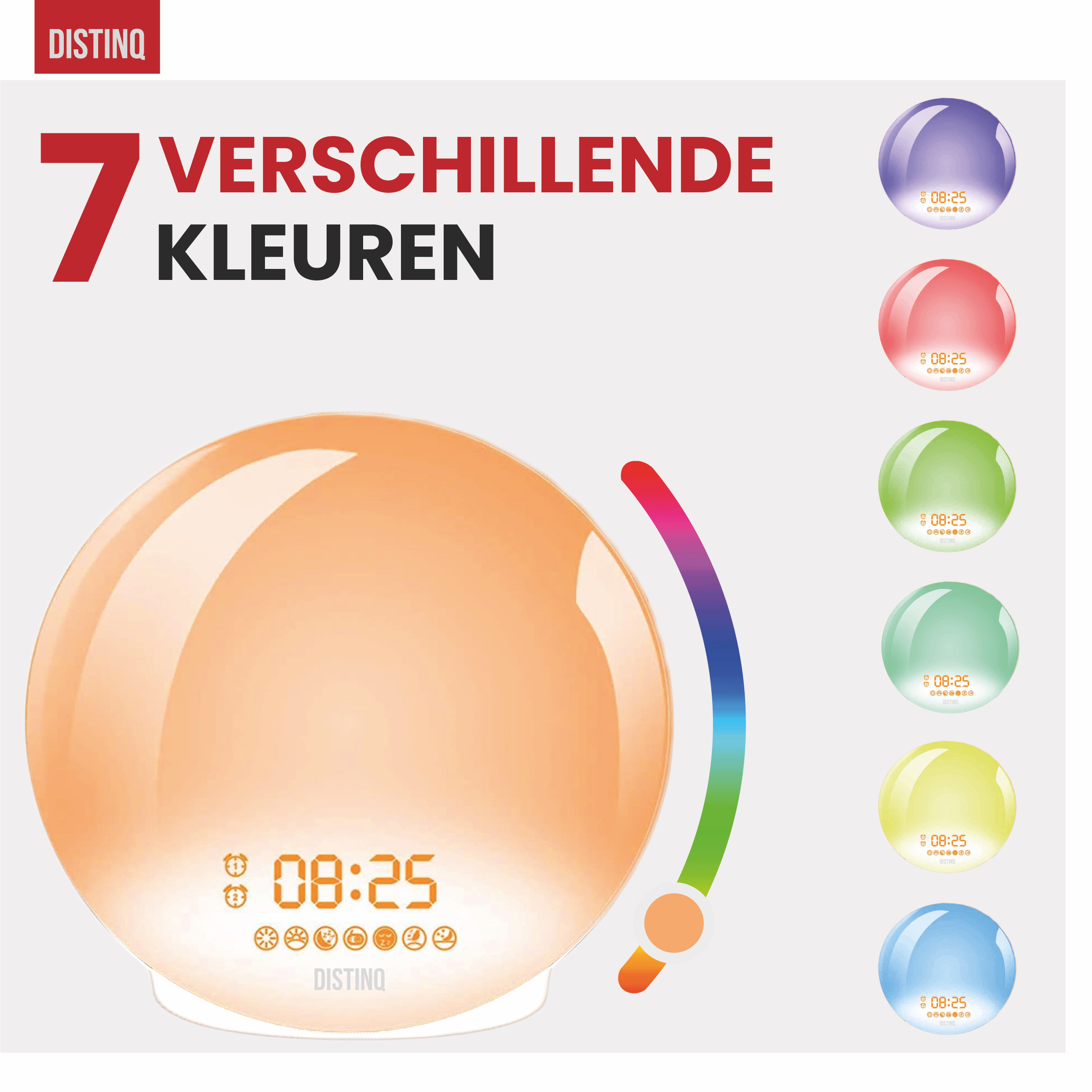 Een ronde wekker met zeven kleuren. Cijfers en knoppen zijn ook zichtbaar.
