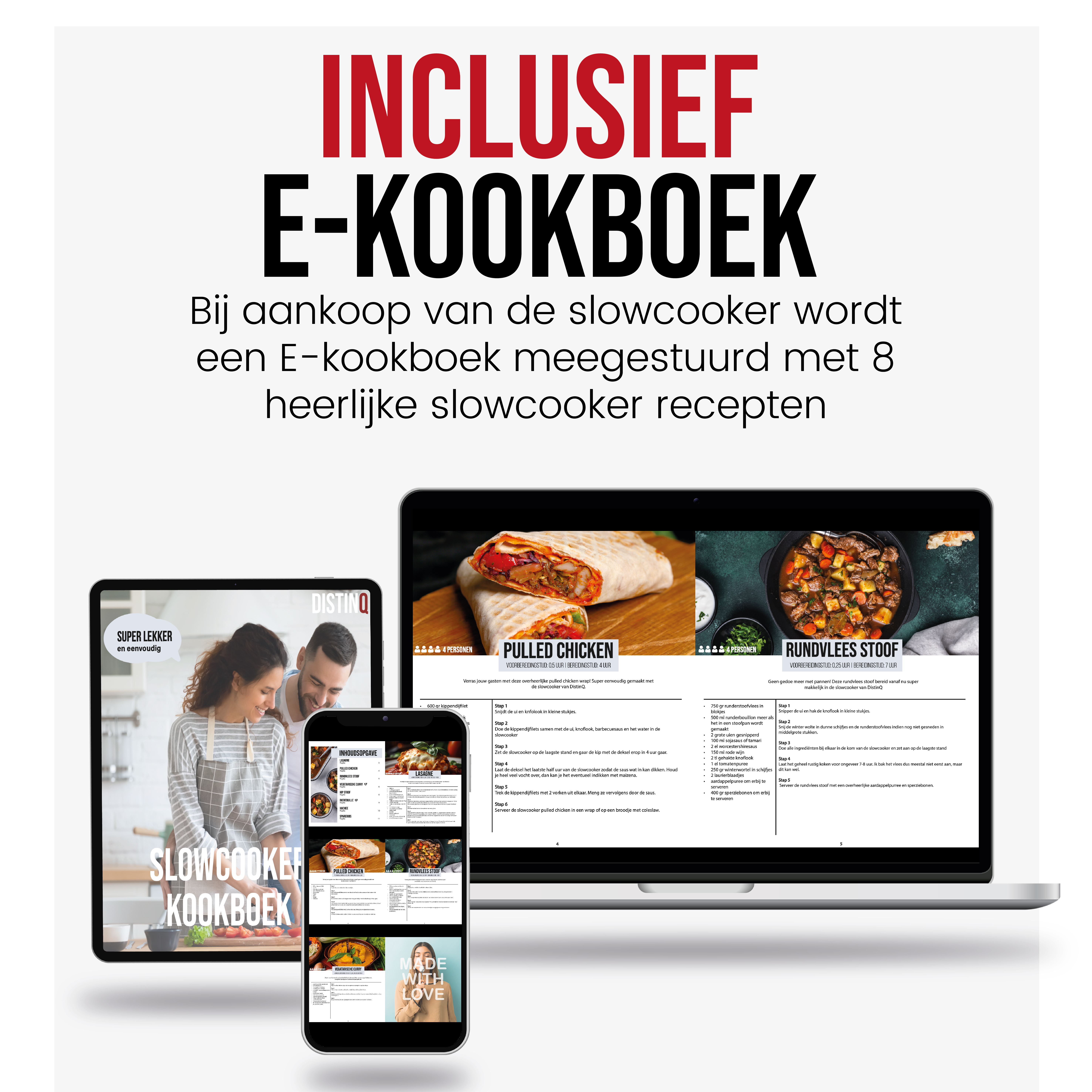 Een tablet en een telefoon met een kookboek, met een laptop op de achtergrond.
