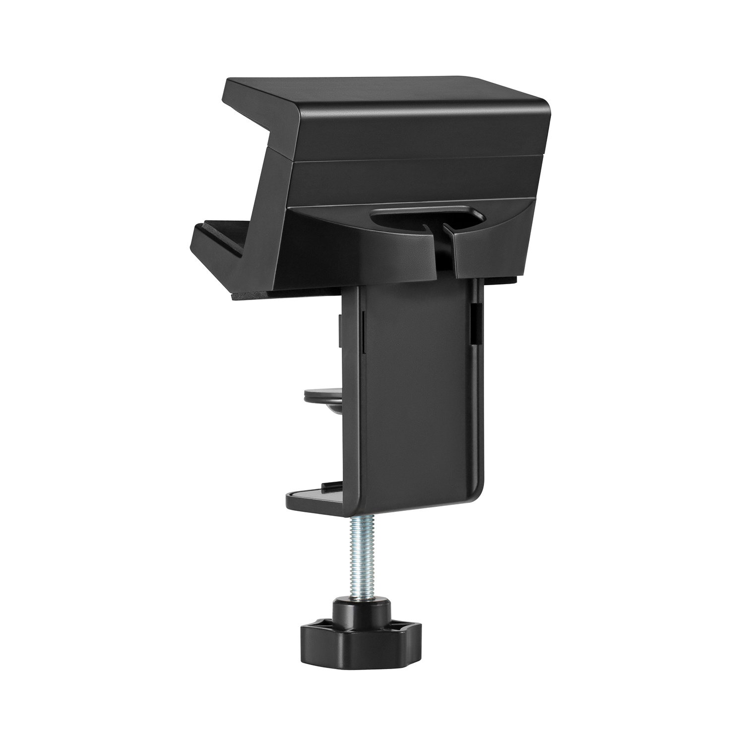 Soporte para auriculares negro montado en el escritorio. Tiene una base de abrazadera y un soporte para auriculares.