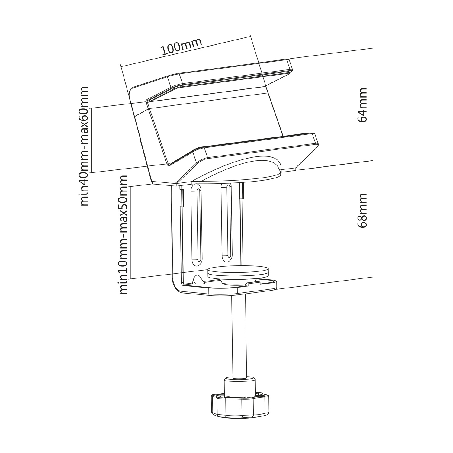 Dibujo lineal de un soporte para teléfono con dimensiones indicadas en mm.