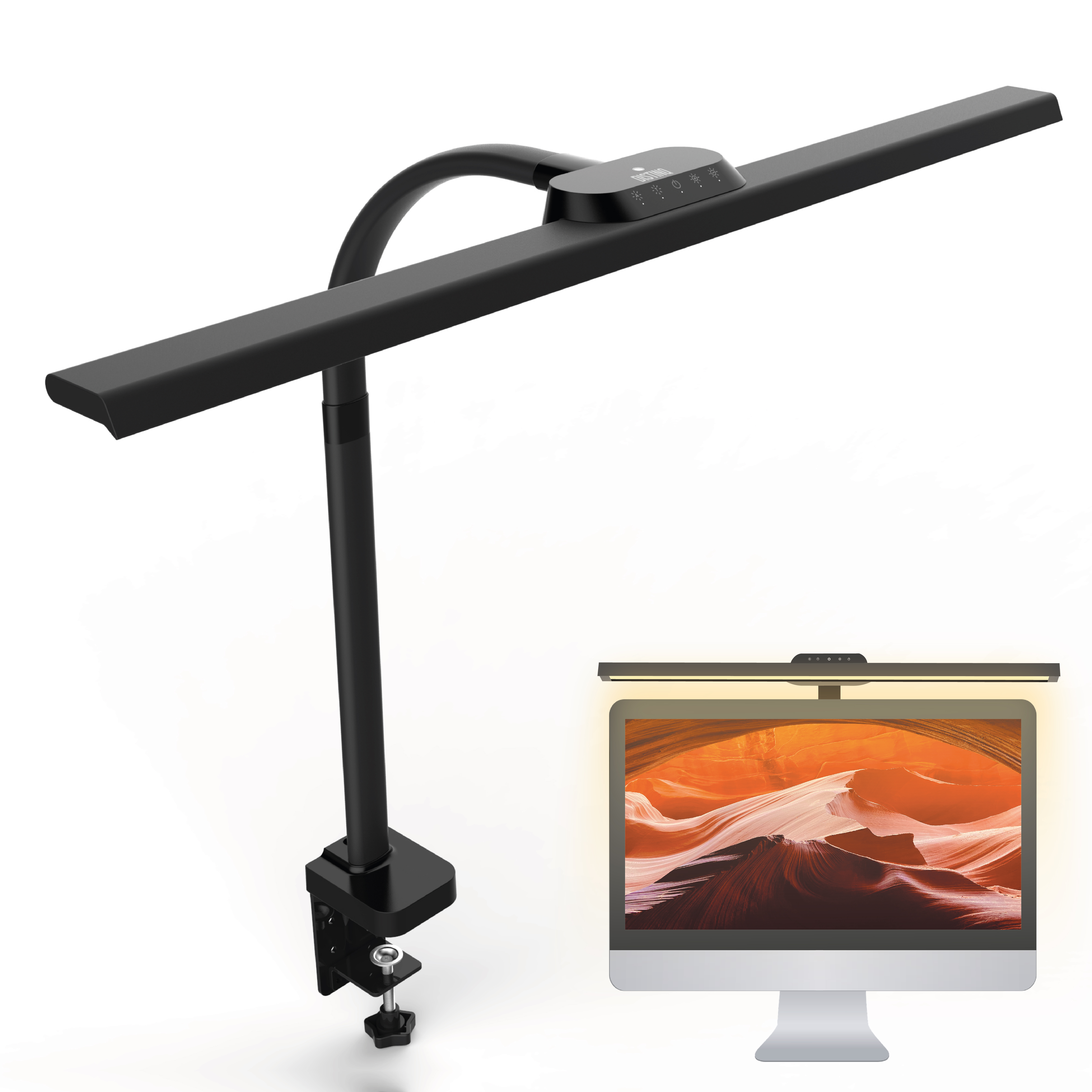 Zwarte bureaulamp met een monitor. Lamp heeft een flexibele arm en is aan het bureau geklemd.