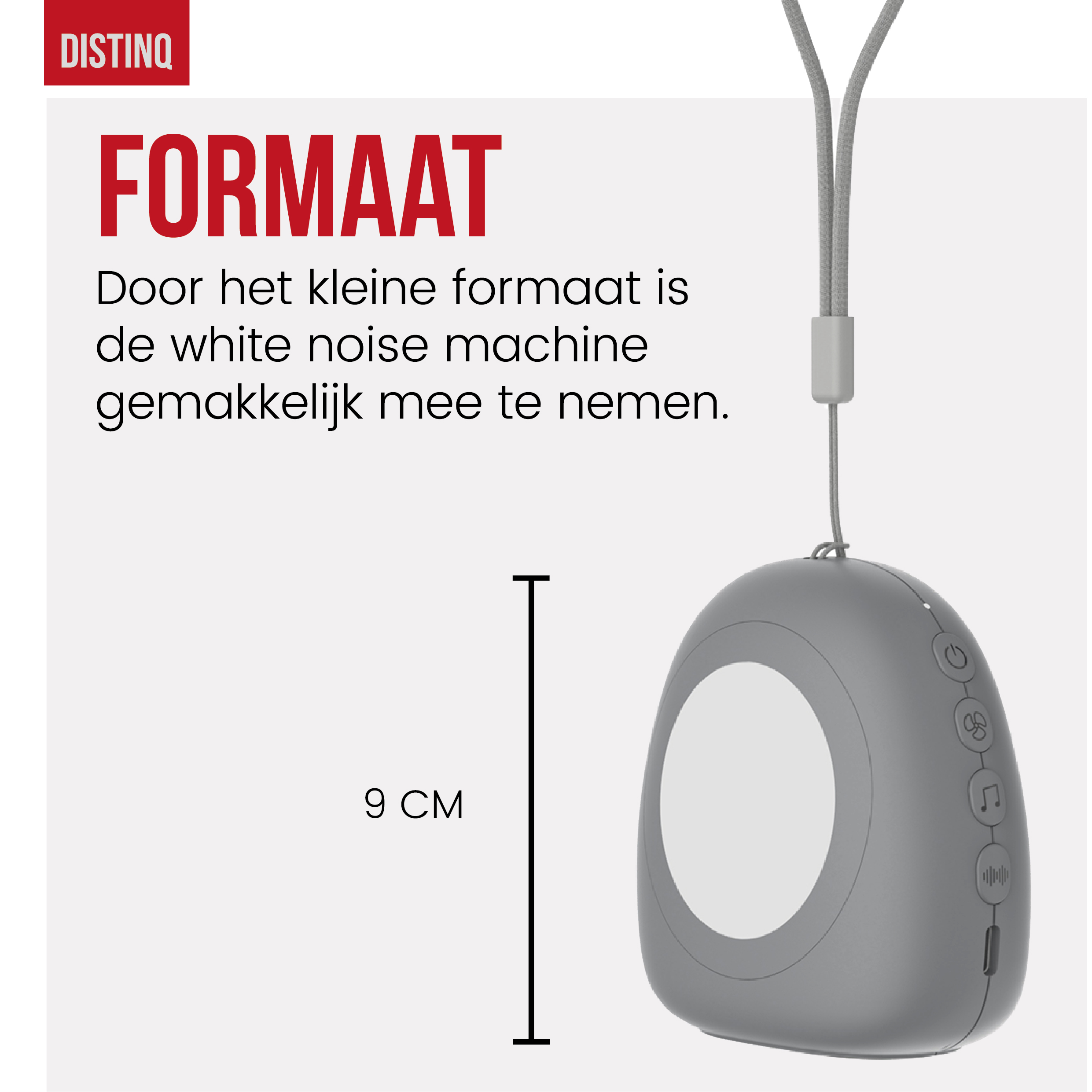 A grey white noise machine hanging. It has a button panel and a 9cm size indicator.
