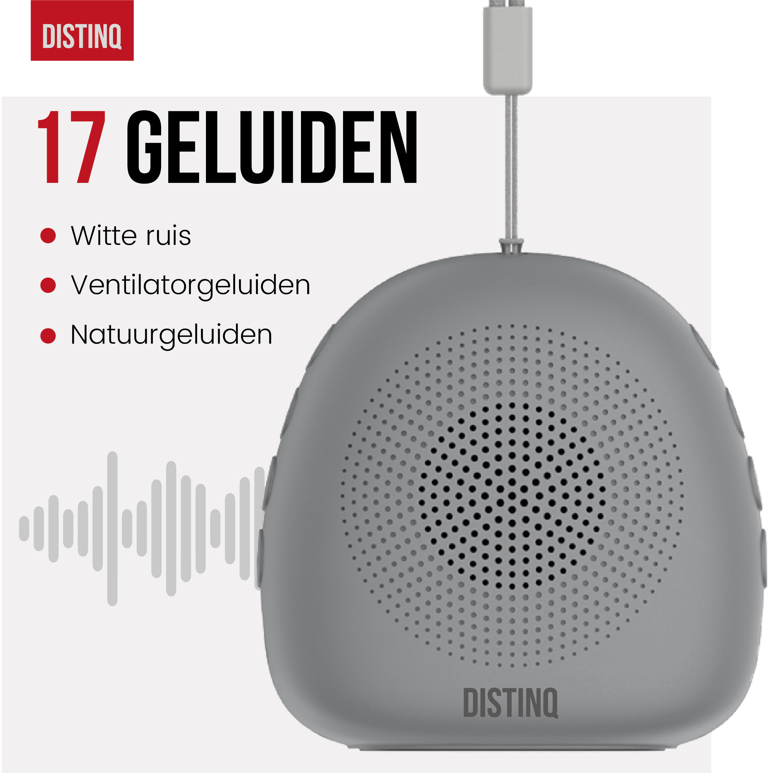 A grey speaker with 17 sound options. It has a wire. Brand name 'DISTINQ' is visible.