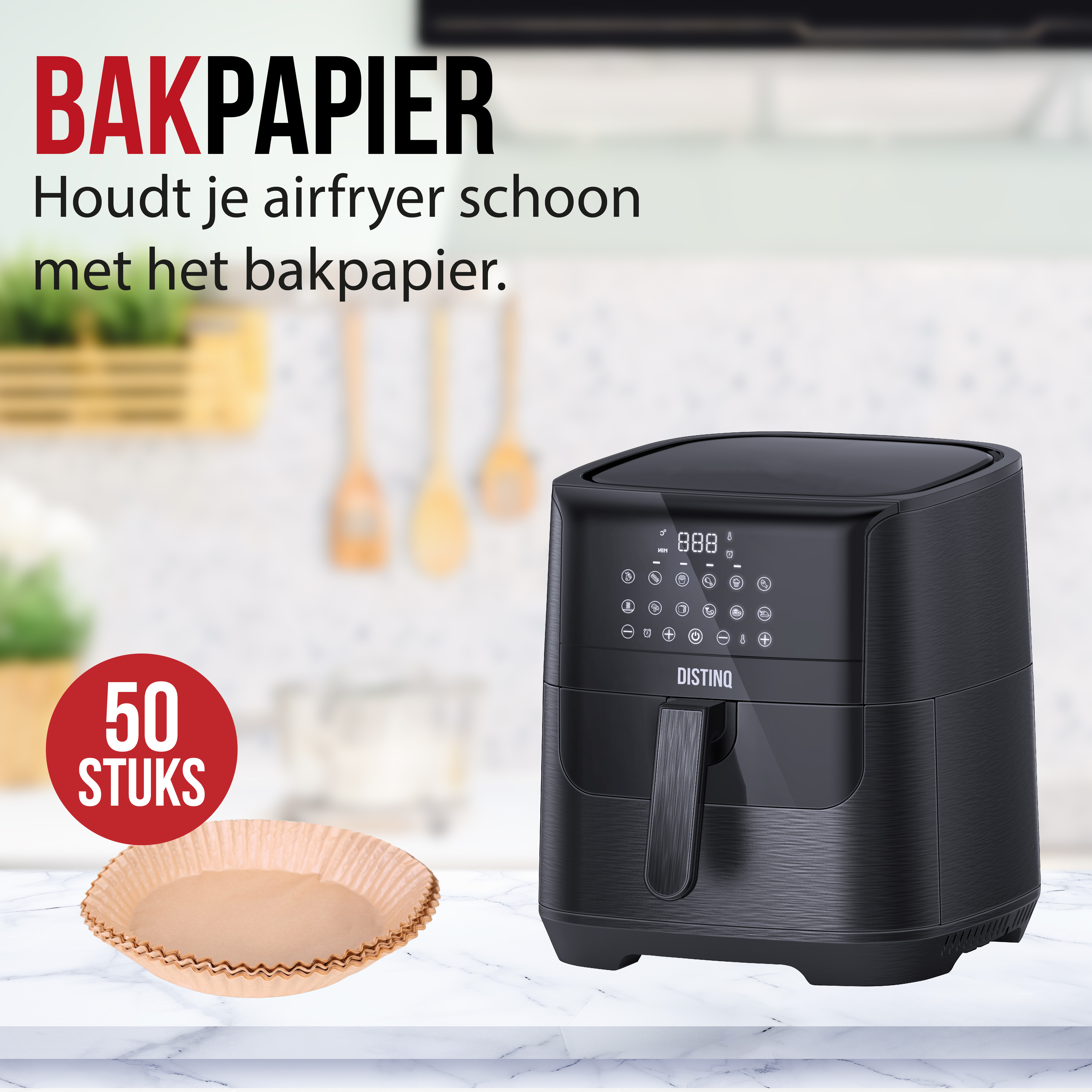 Black air fryer with paper liners. Has the brand name DISTINQ and 50 pieces of baking paper.