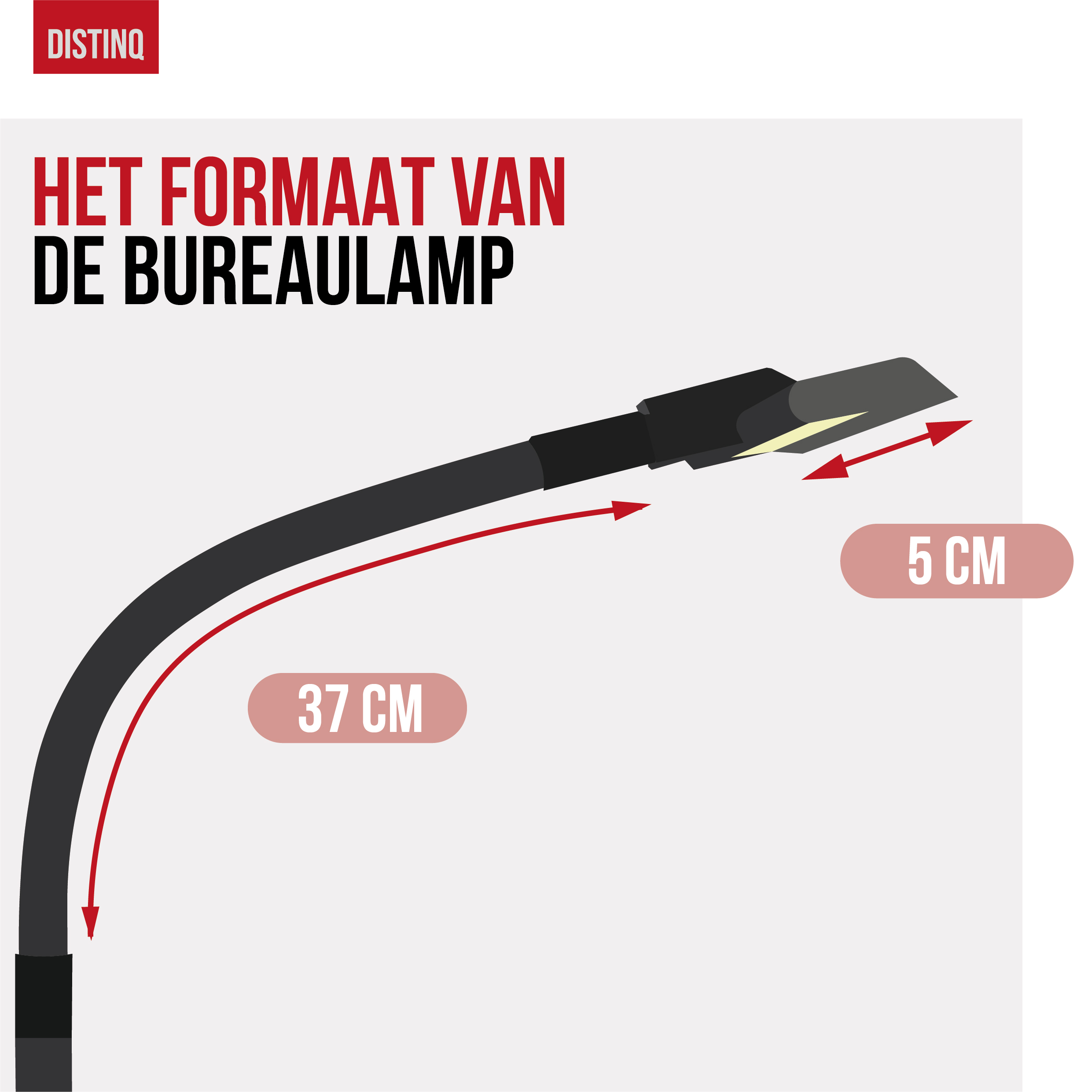 Bureaulamp, met de afmetingen met pijlen. De lamp is 37 cm en 5 cm breed.