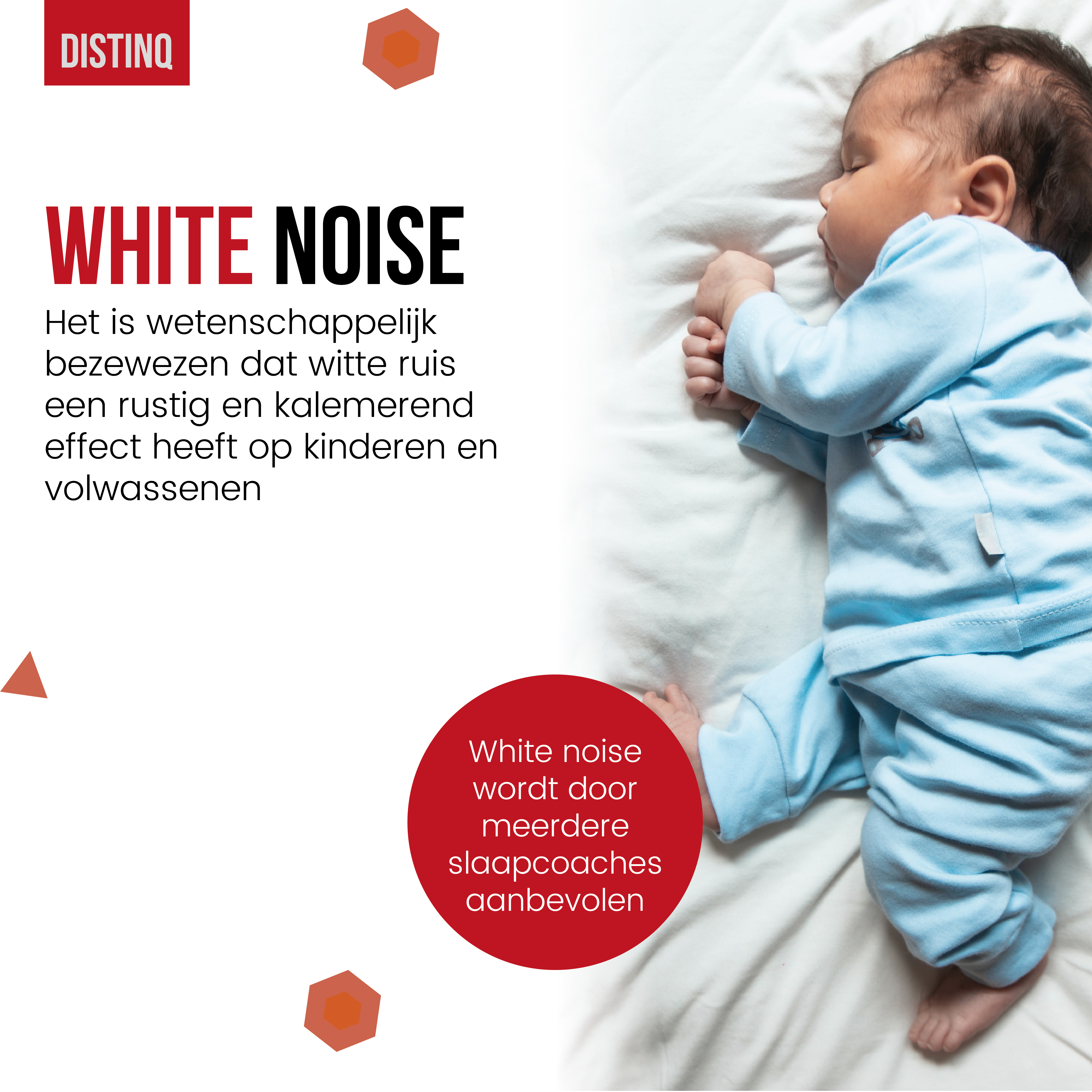 Baby sleeping, wearing blue pajamas, next to a white noise machine. Red and orange shapes.
