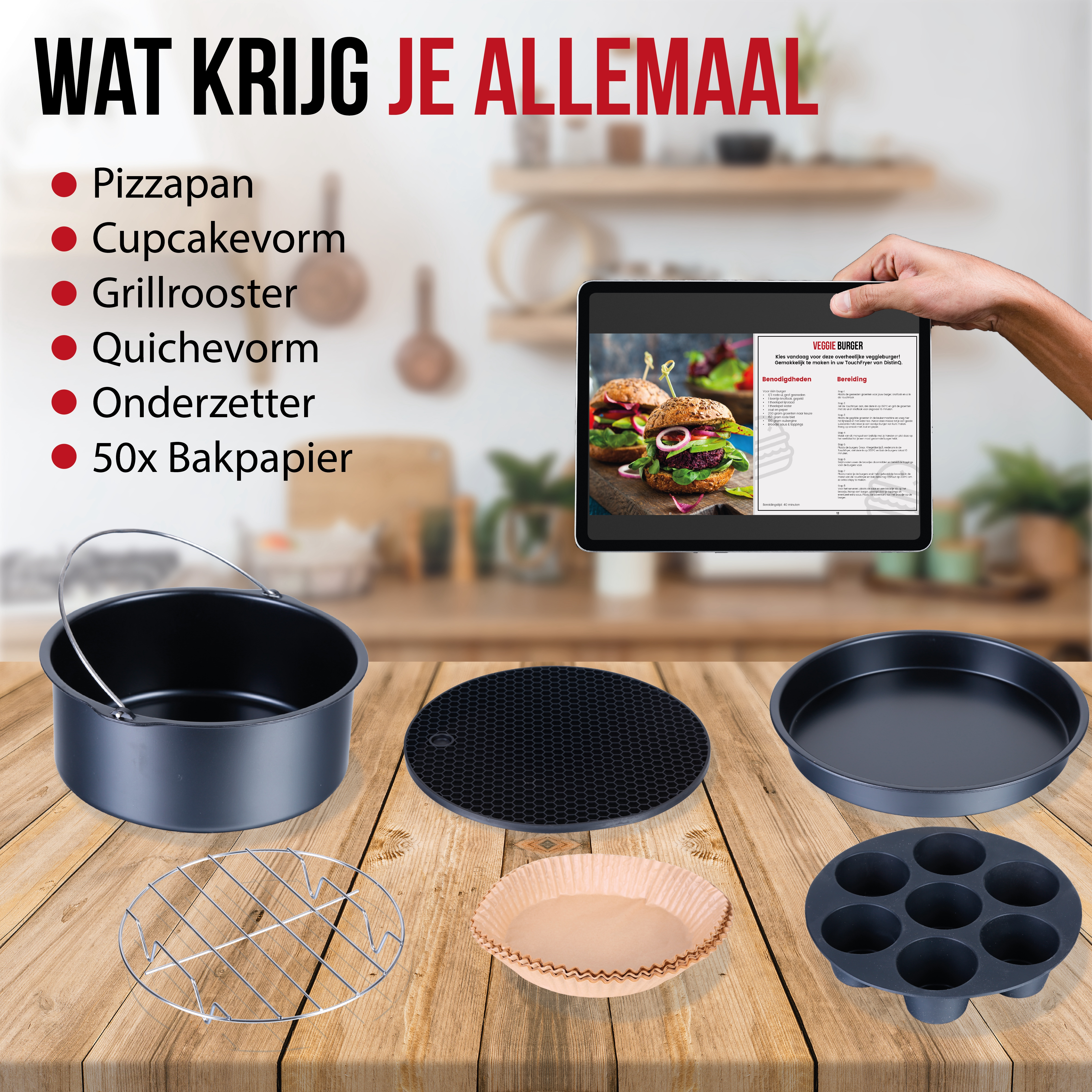 An assortment of cooking tools on a wooden table with a tablet showing burgers.