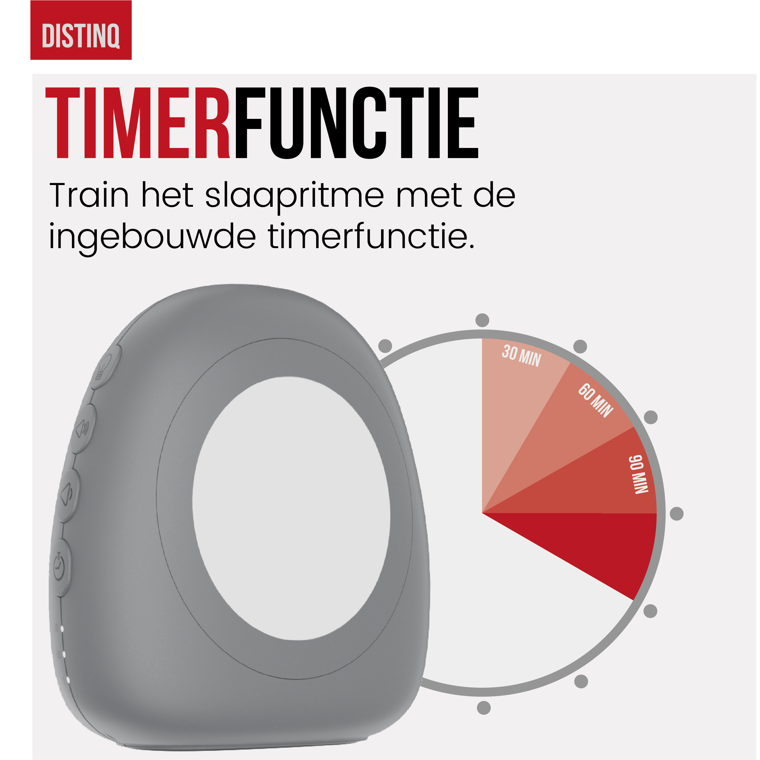 Gray alarm clock with a timer dial showing time segments. Text: Timer function.