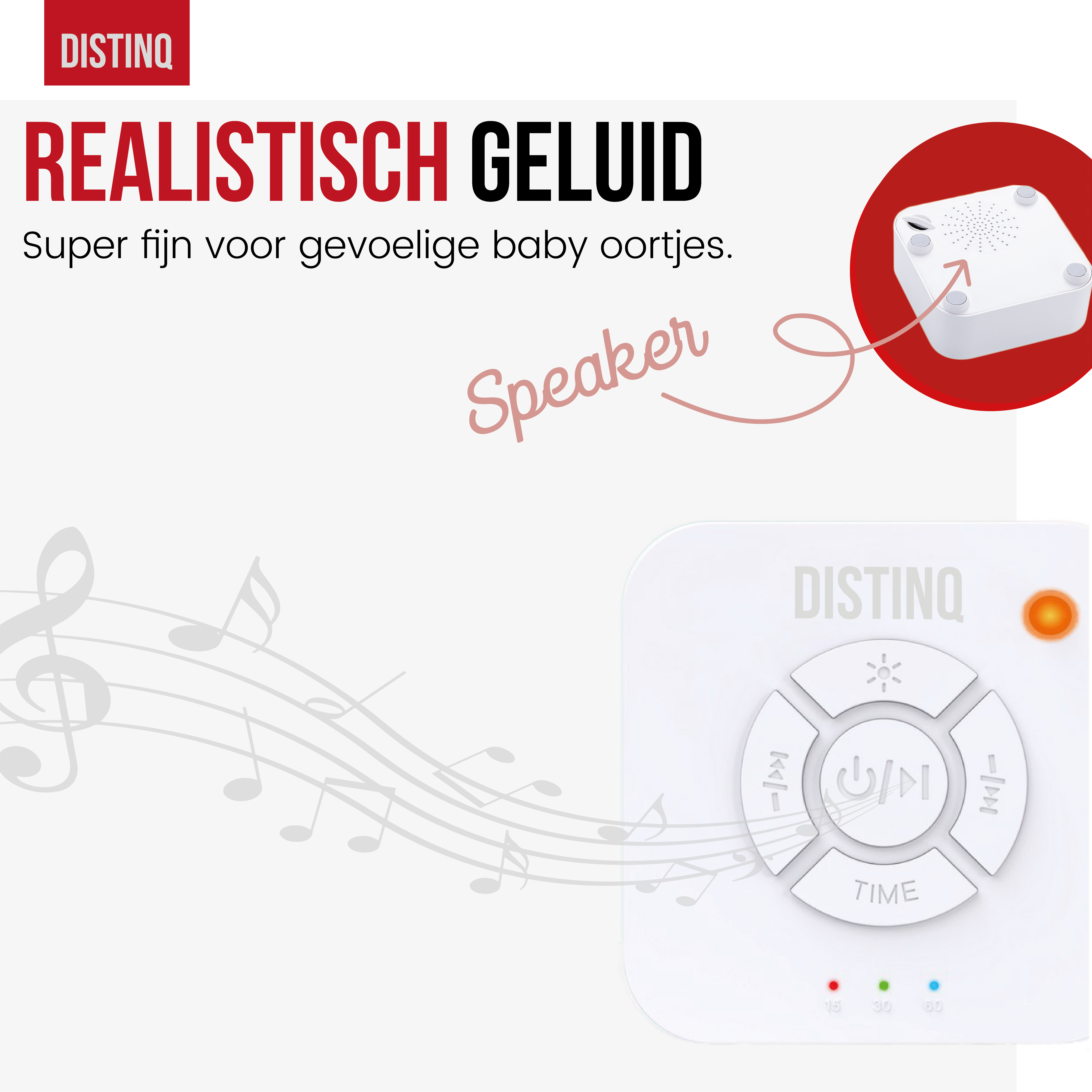 White sound machine with buttons, speaker, and a red circle. Musical notes are around it.