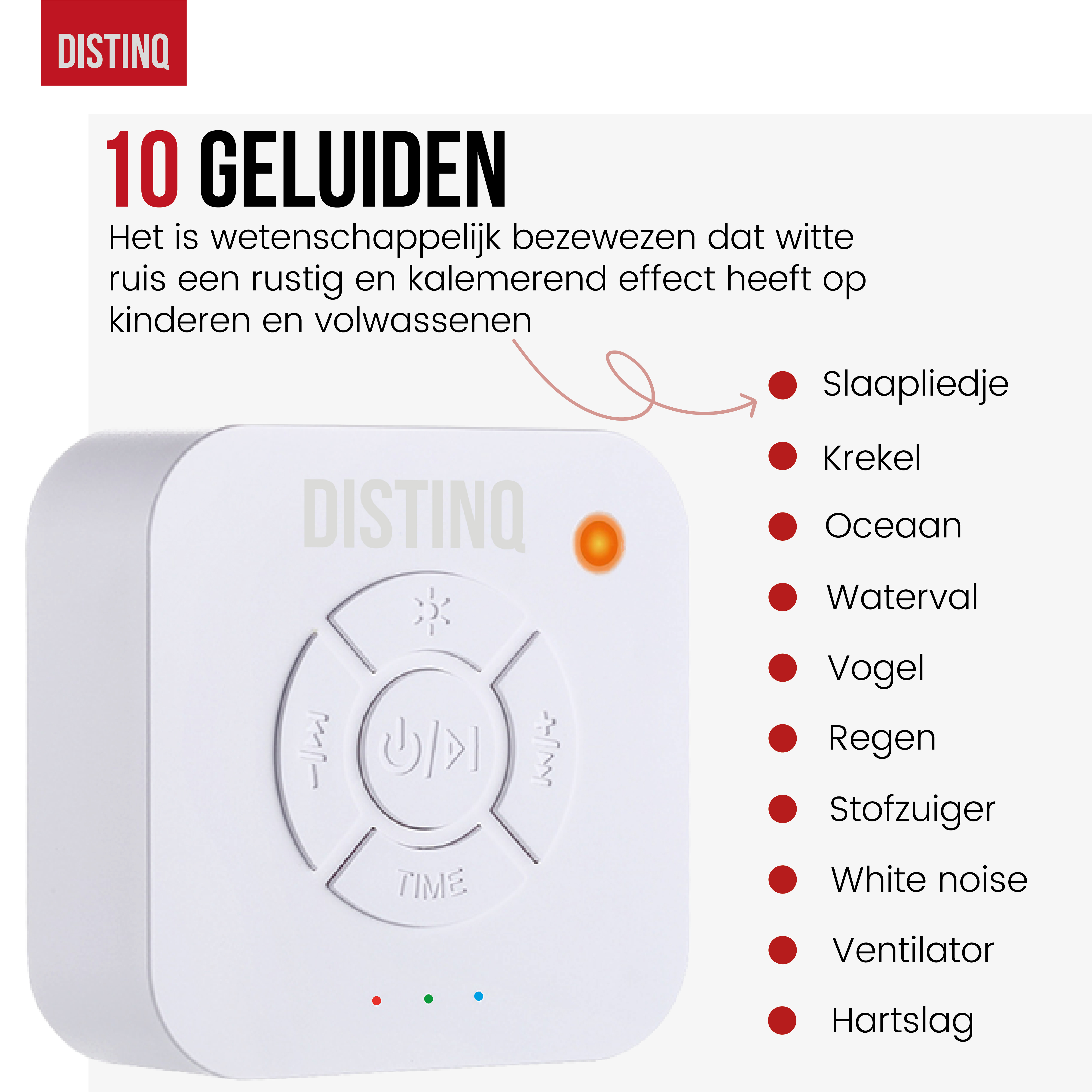 White sound machine with buttons and 10 sounds listed, like ocean and white noise. Red logo at the top.