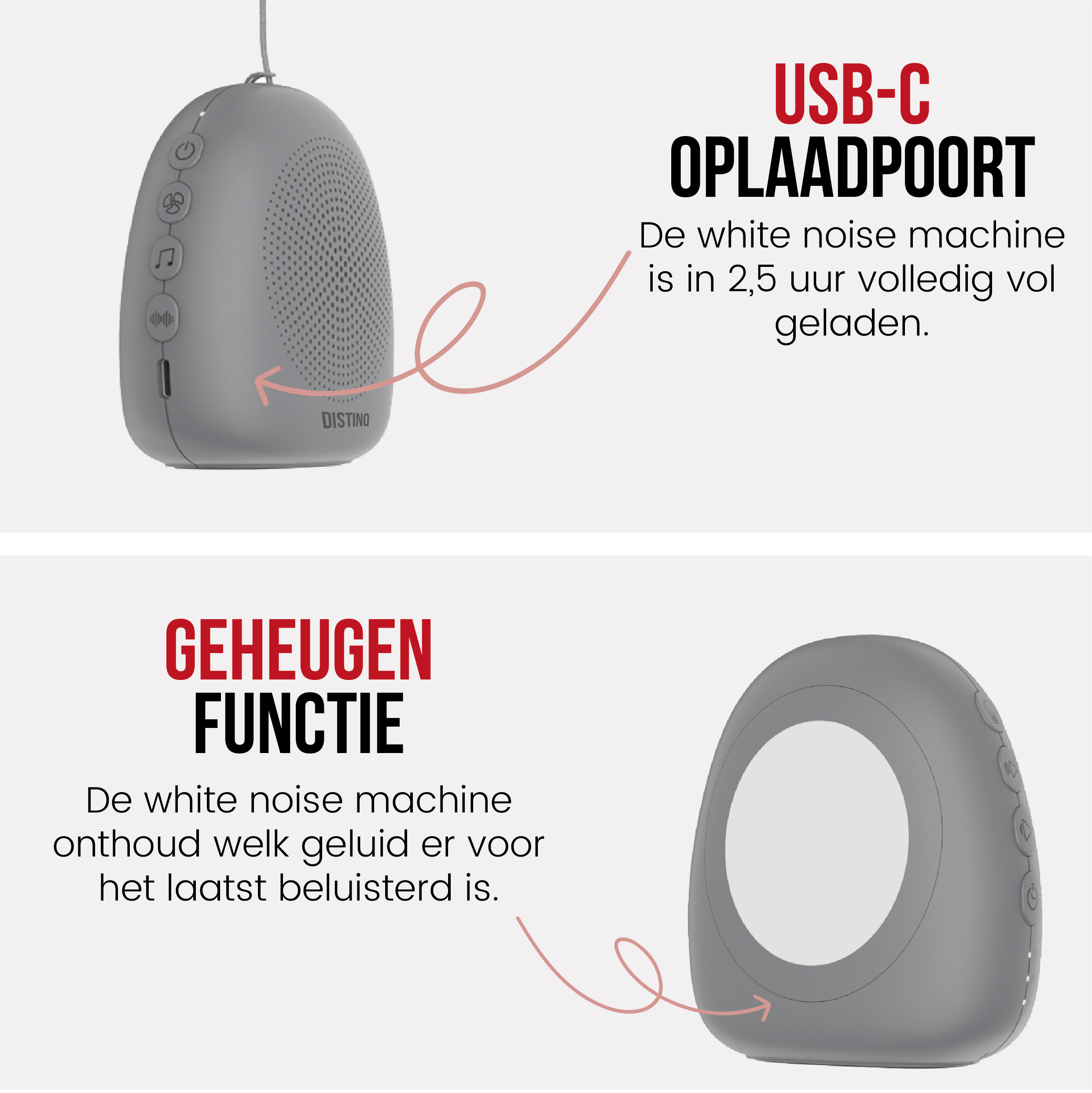 Two gray sound machines with text about USB-C charging and memory function. Gray background.