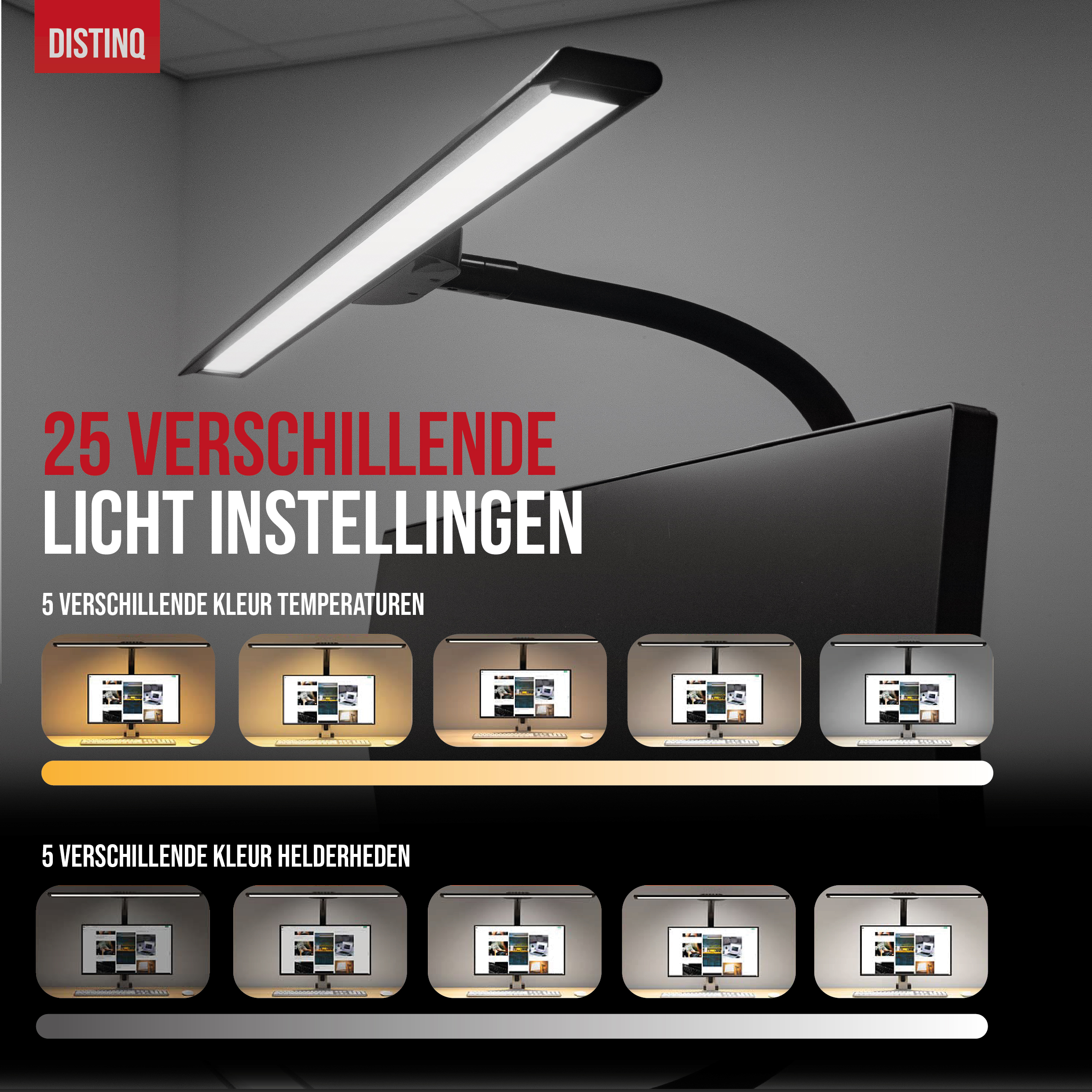 Een bureaulamp met meerdere lichtinstellingen. Verschillende lichtinstellingen worden in een rij onder de lamp getoond.