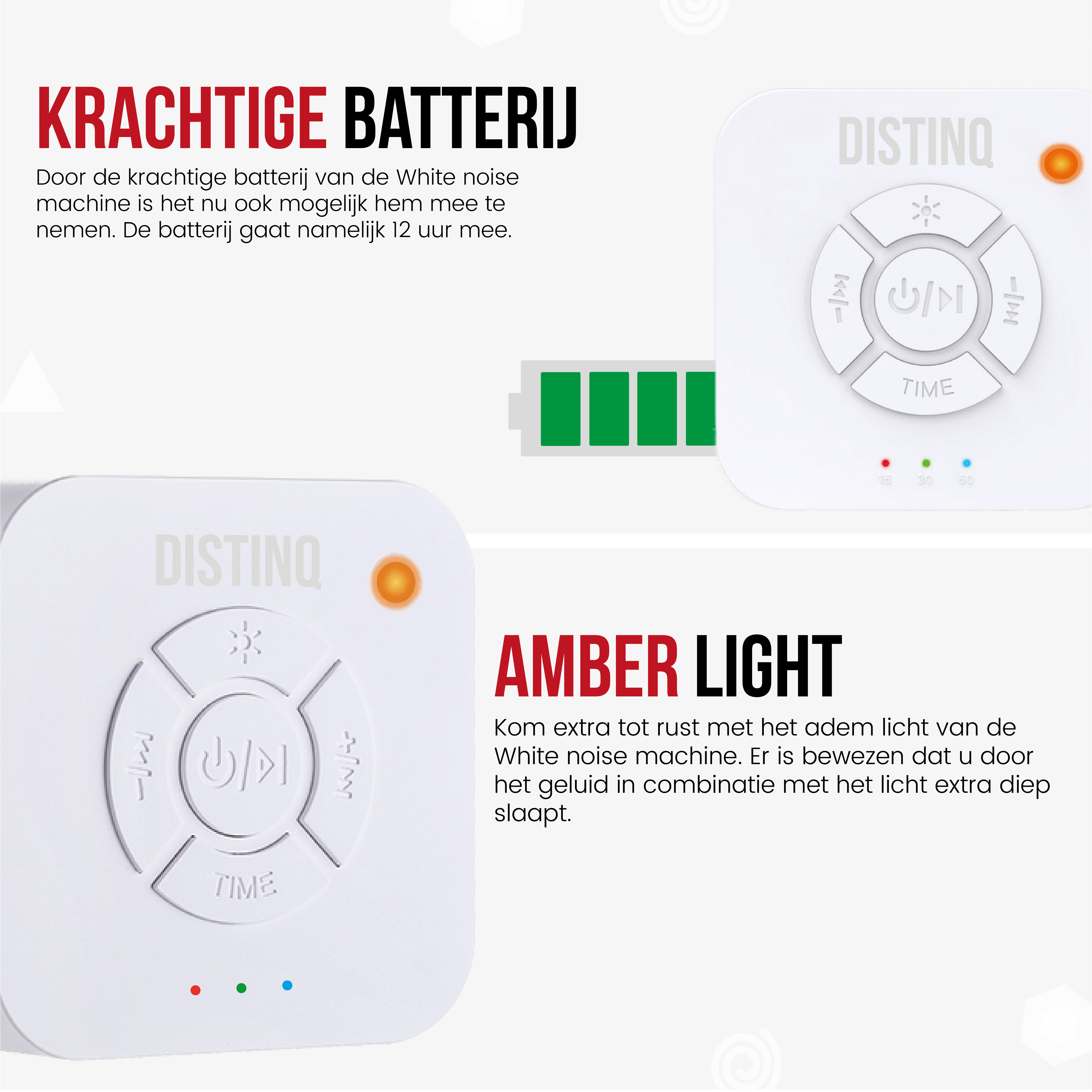Two white remote controls. Text says 'AMBER LIGHT' and 'DISTINQ'. There's a battery icon.