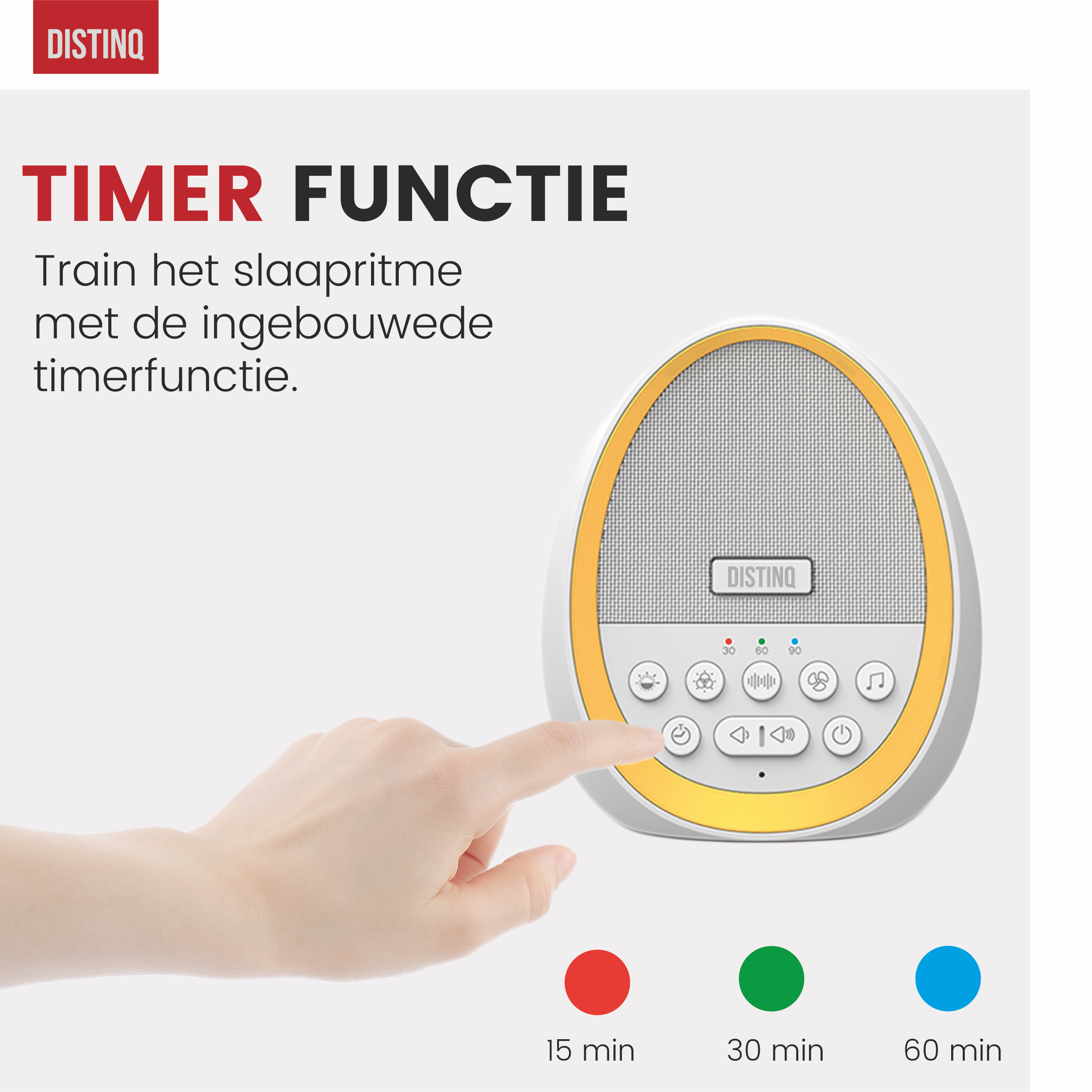 A white and yellow sleep sound machine with a hand pressing a timer button.