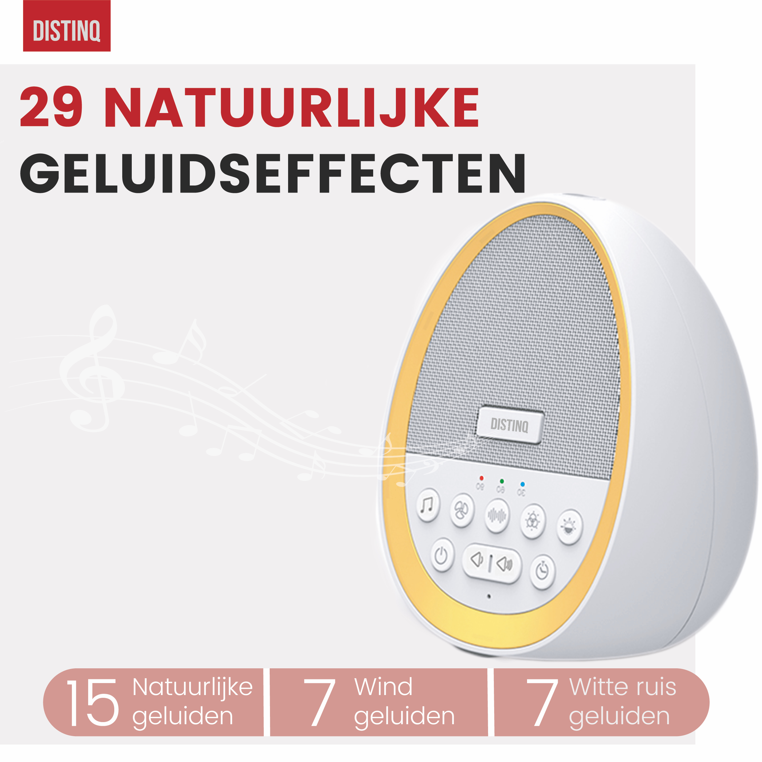 White and yellow sound machine with buttons, text, and musical notes.