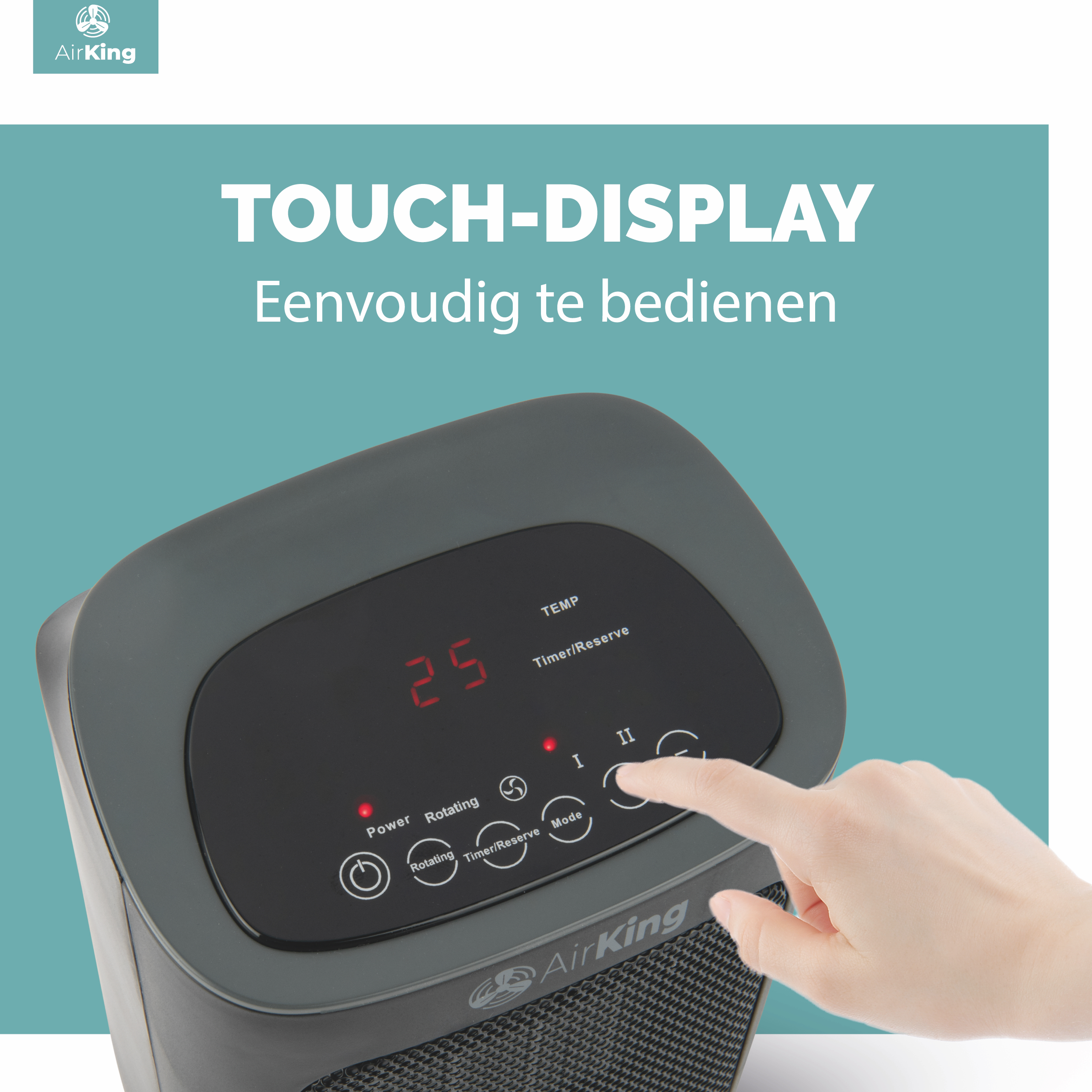 Een aanraakscherm van een grijze AirKing-verwarming met rode cijfers, een hand die wijst en de merknaam in de hoek.