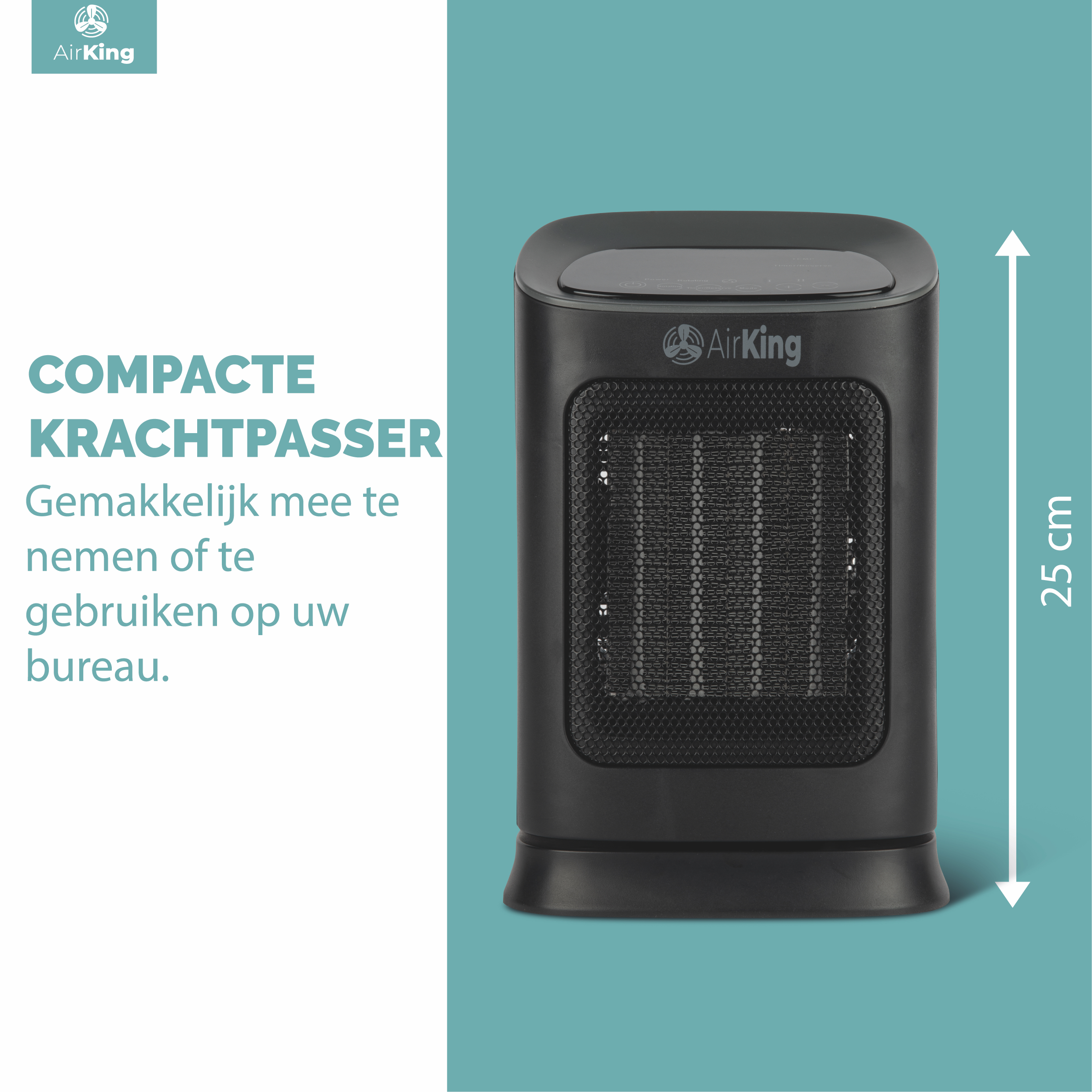 Zwarte compacte kachel met de tekst: COMPACTE KRACHTPASSER. Witte pijl wijst naar een afmeting van 25 cm.
