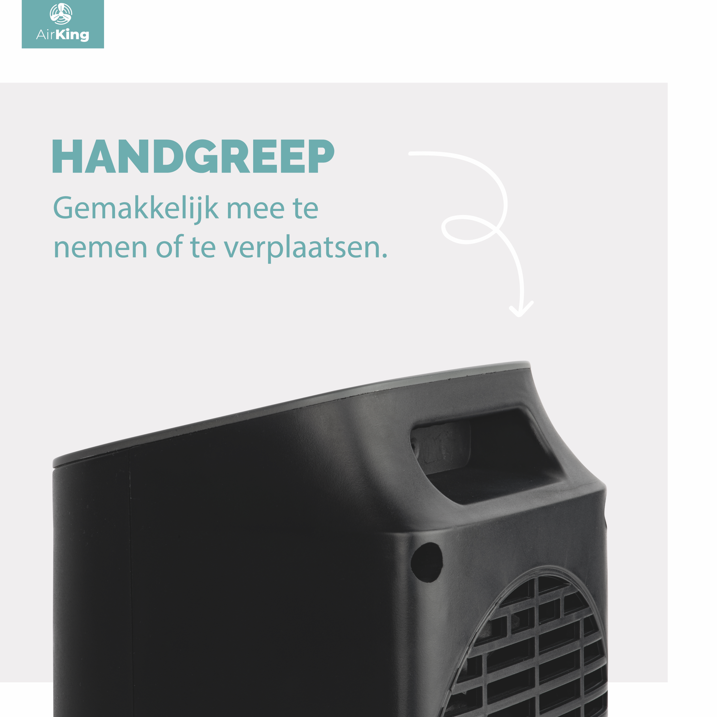 Zwarte luchtkoeler met handvat en het AirKing-logo op een lichtblauwe achtergrond.